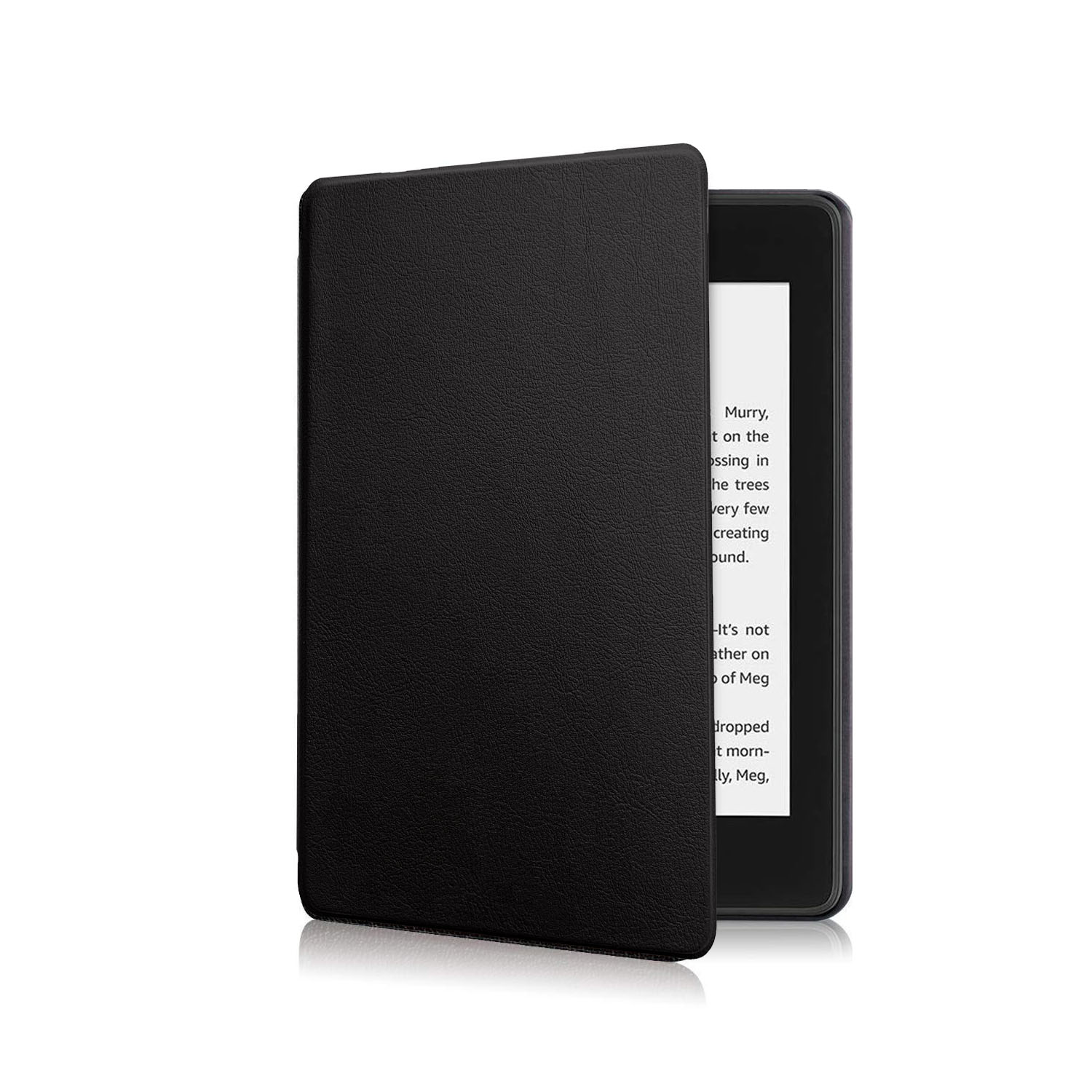 Schwarzes Kindle-Gerät in schwarzer Hülle, geöffnet, um Text auf dem Bildschirm zu zeigen. Weißer Hintergrund.