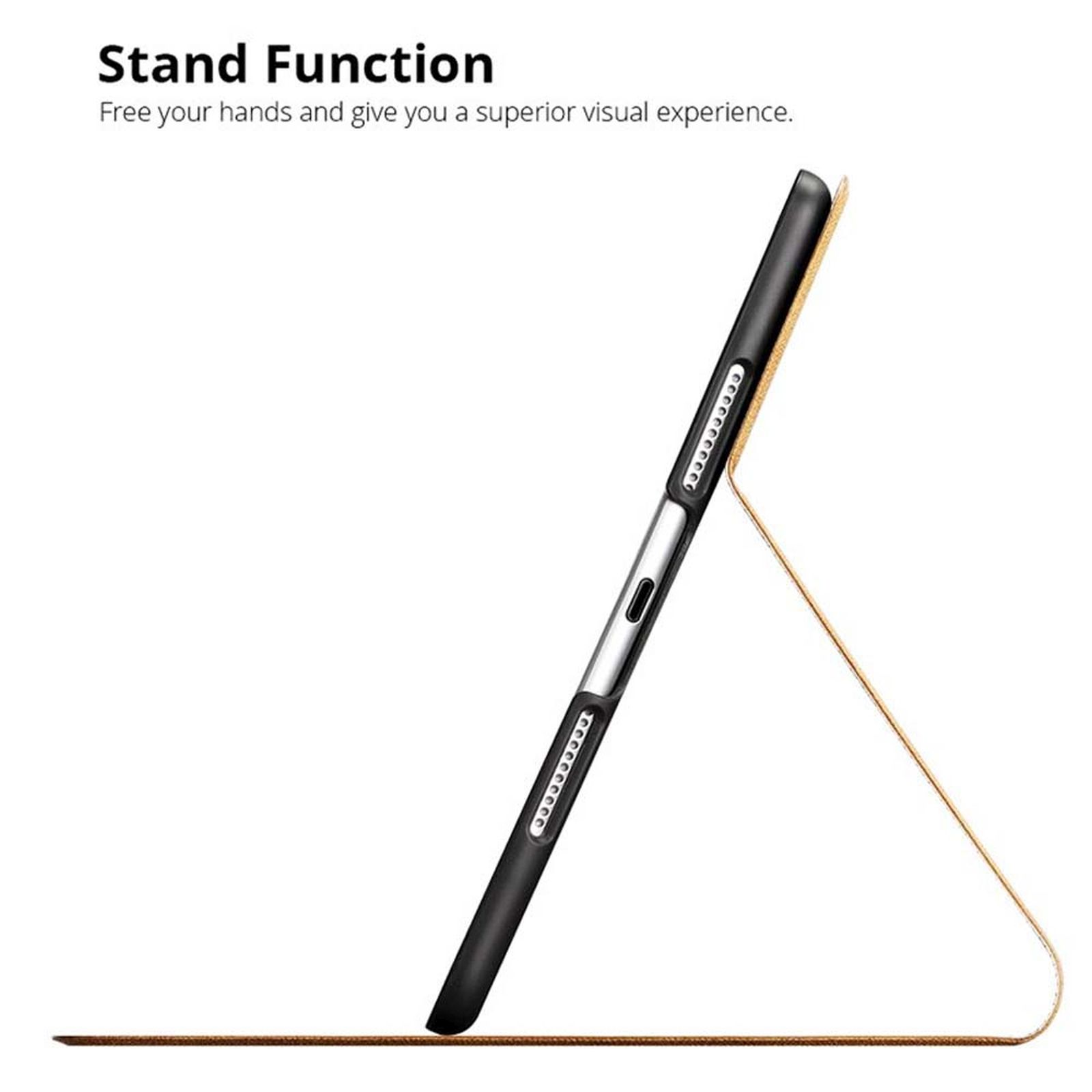 Tablet-Hülle mit Standfunktion. Die Hülle ist schwarz und goldfarben. Das Tablet ist in der Hülle.