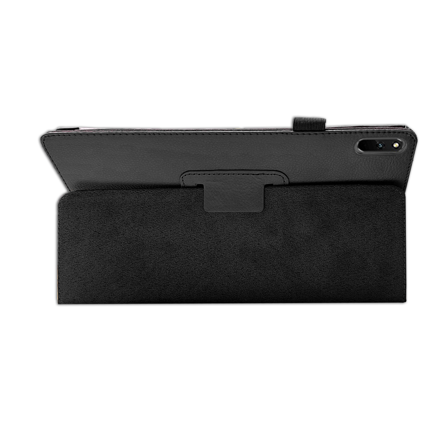 Eine schwarze Tablethülle ist geöffnet. Das Tablet liegt darin. Die Innenseite der Hülle ist schwarz.