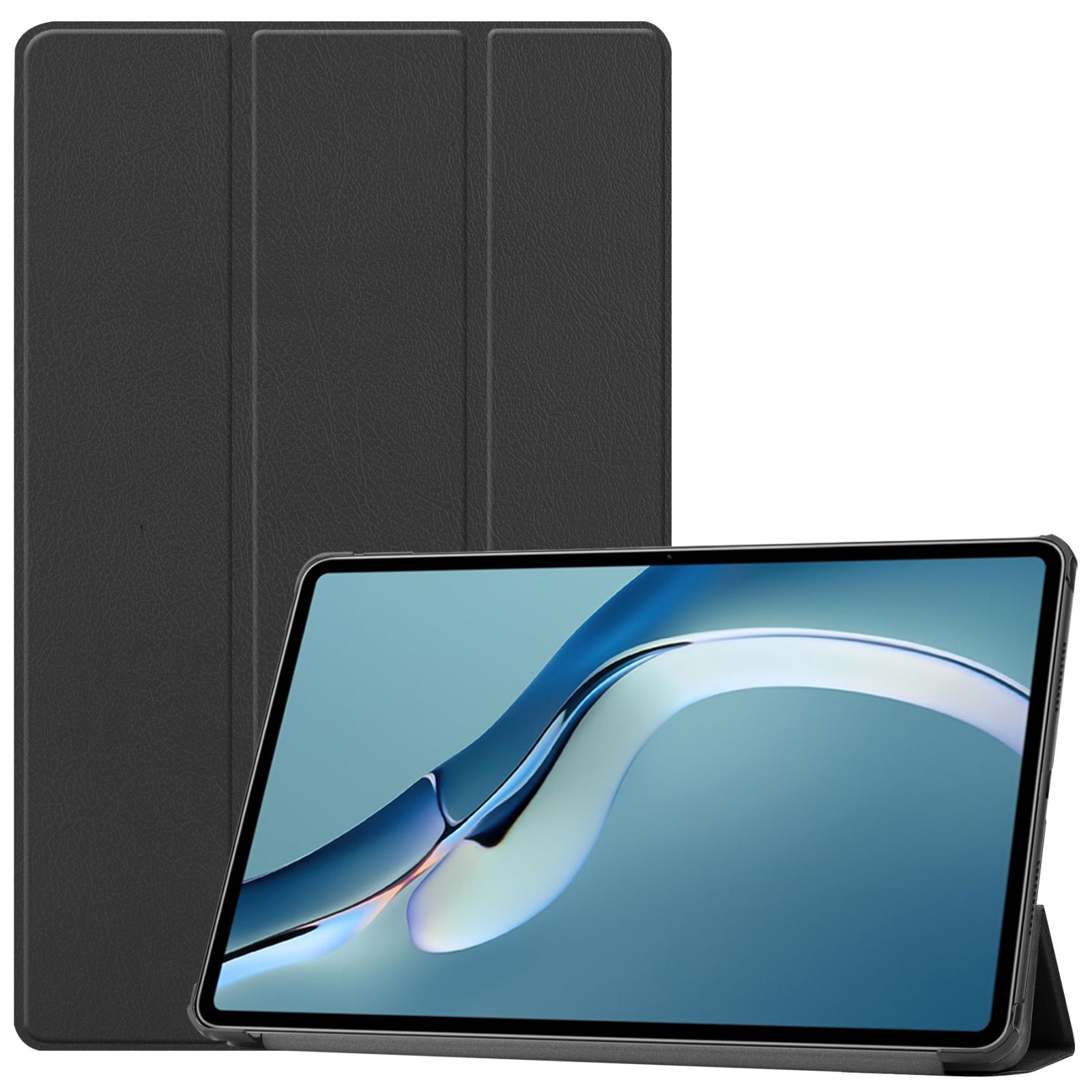 Ein schwarzes Tablet mit schwarzem Gehäuse wird mit eingeschaltetem Bildschirm angezeigt.