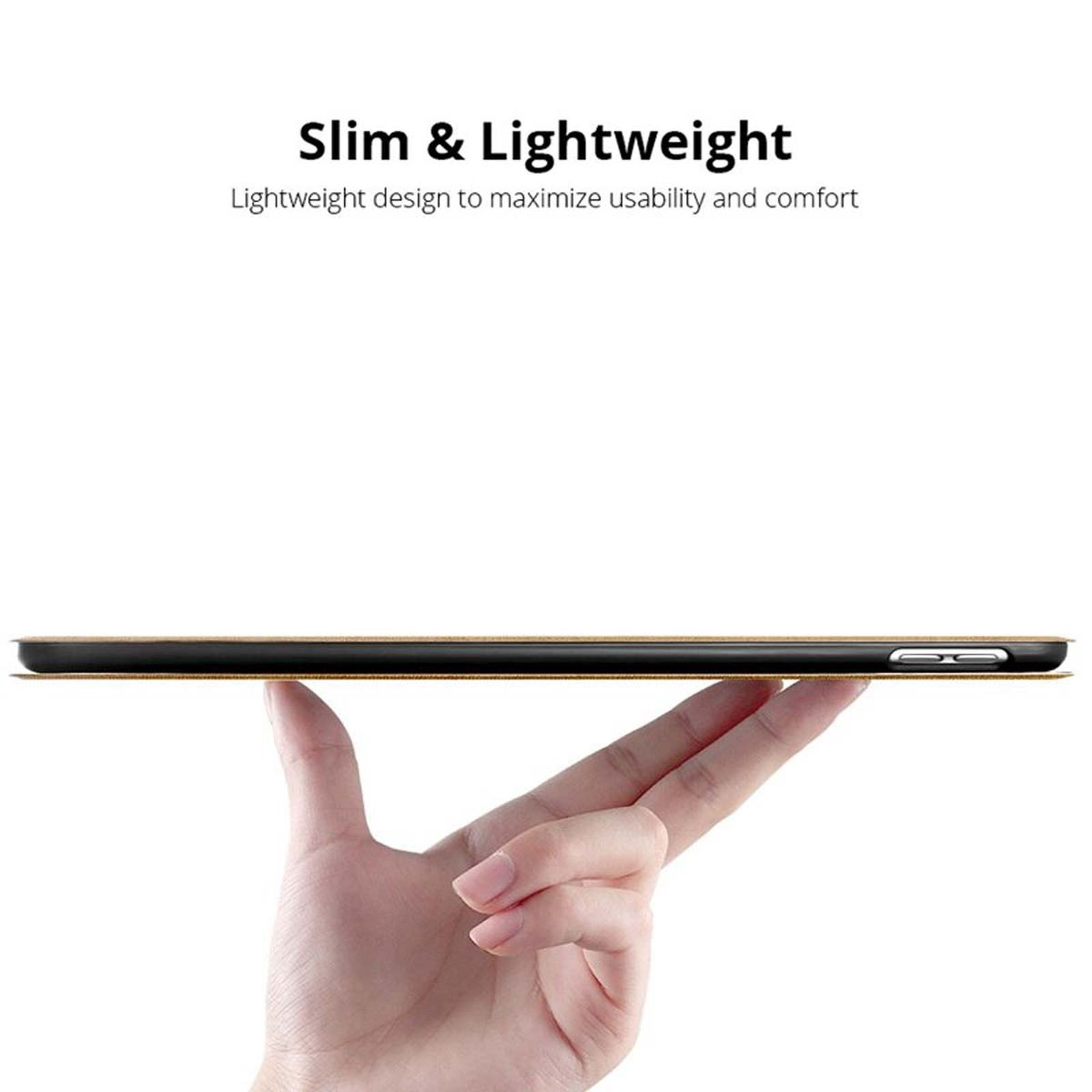 Tablet-Hülle, geschlossen, schlankes und leichtes Design, Hand halten und Text.
