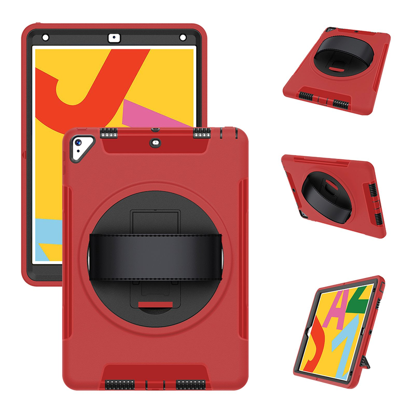 Rote Tablet-Hülle mit Riemen und verschiedenen Winkeln. Zeigt die Standfunktion.