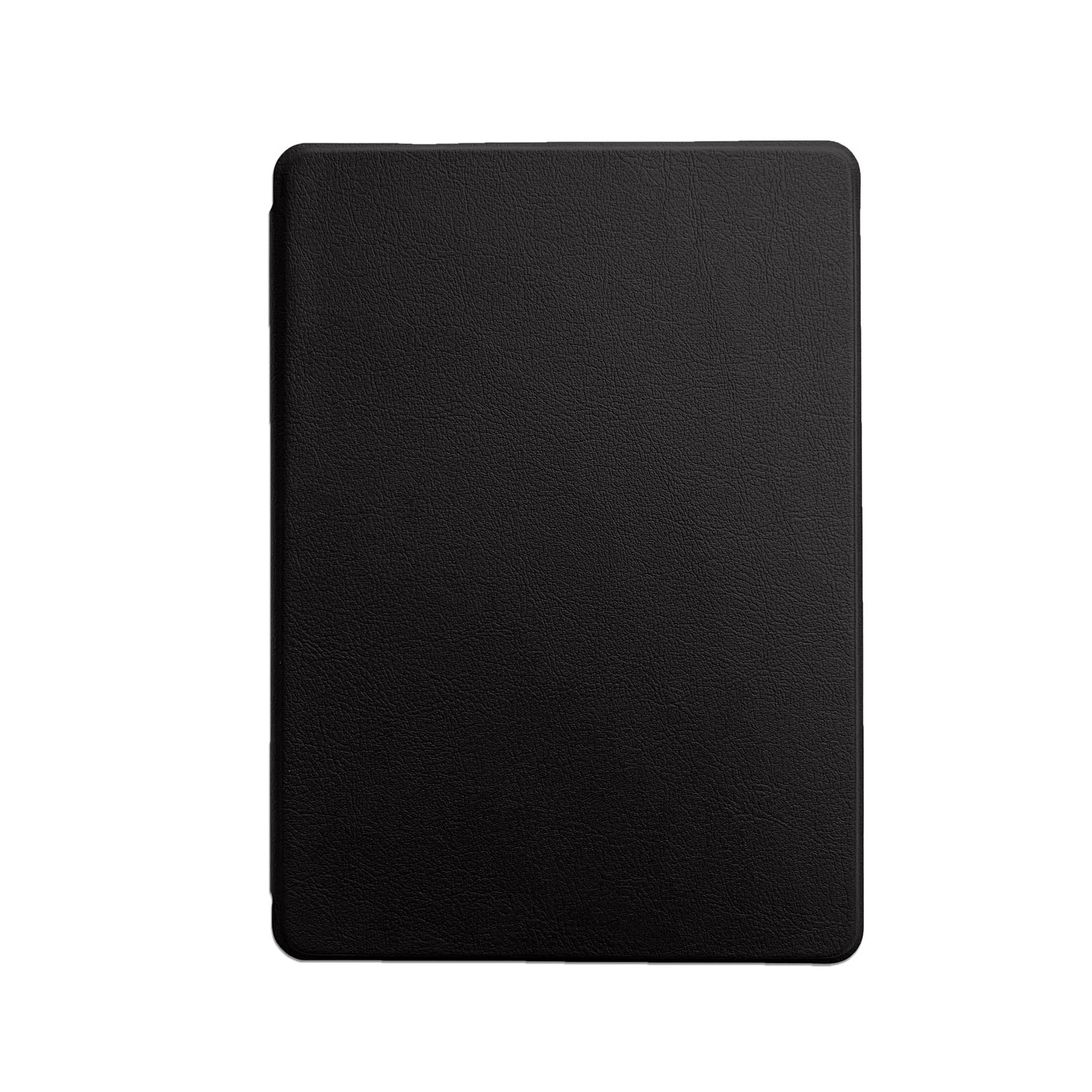 Schwarze Tablet-Abdeckung auf weißem Hintergrund. Die Hülle ist glatt und bedeckt die Oberfläche.