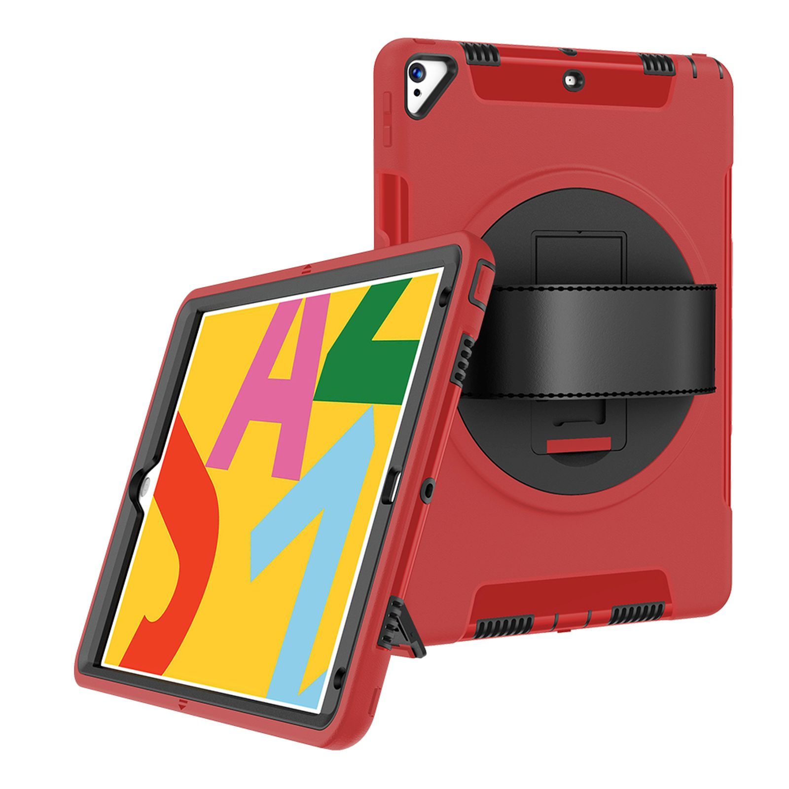 Rote Tablethülle mit geöffnetem Tablet, das bunte Grafiken zeigt. Auf der rechten Seite befindet sich eine weitere Hülle.