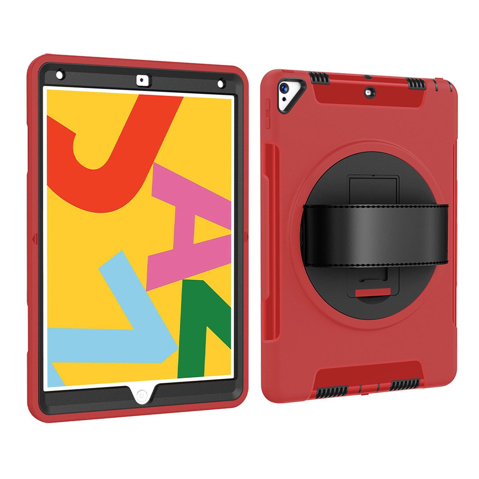 Tablet in roter Schutzhülle. Das Tablet ist links und hat eine Handschlaufe.