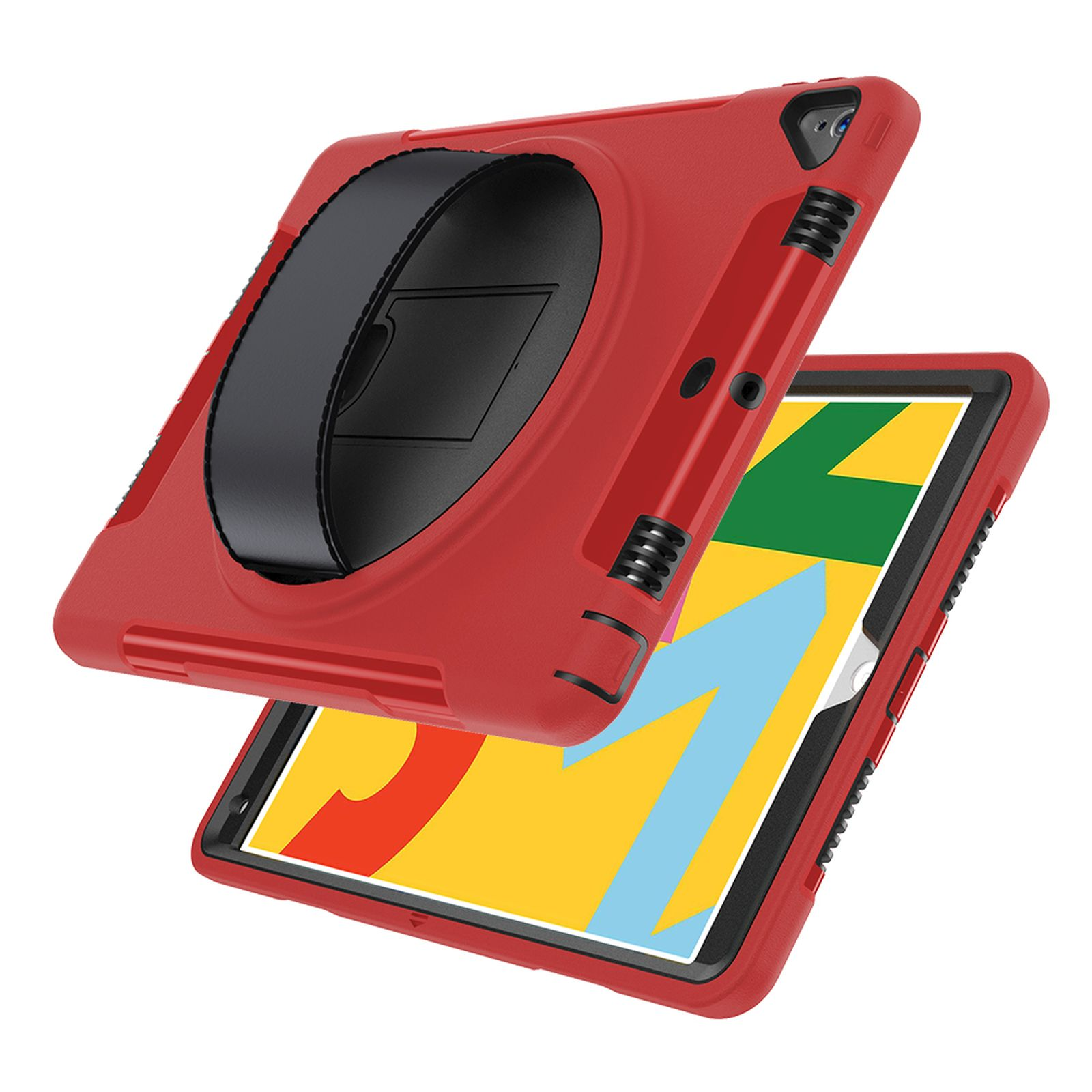 Rote Tablethülle, offen. Das Tablet zeigt ein farbenfrohes Bild, die Hülle hat einen schwarzen Griff.