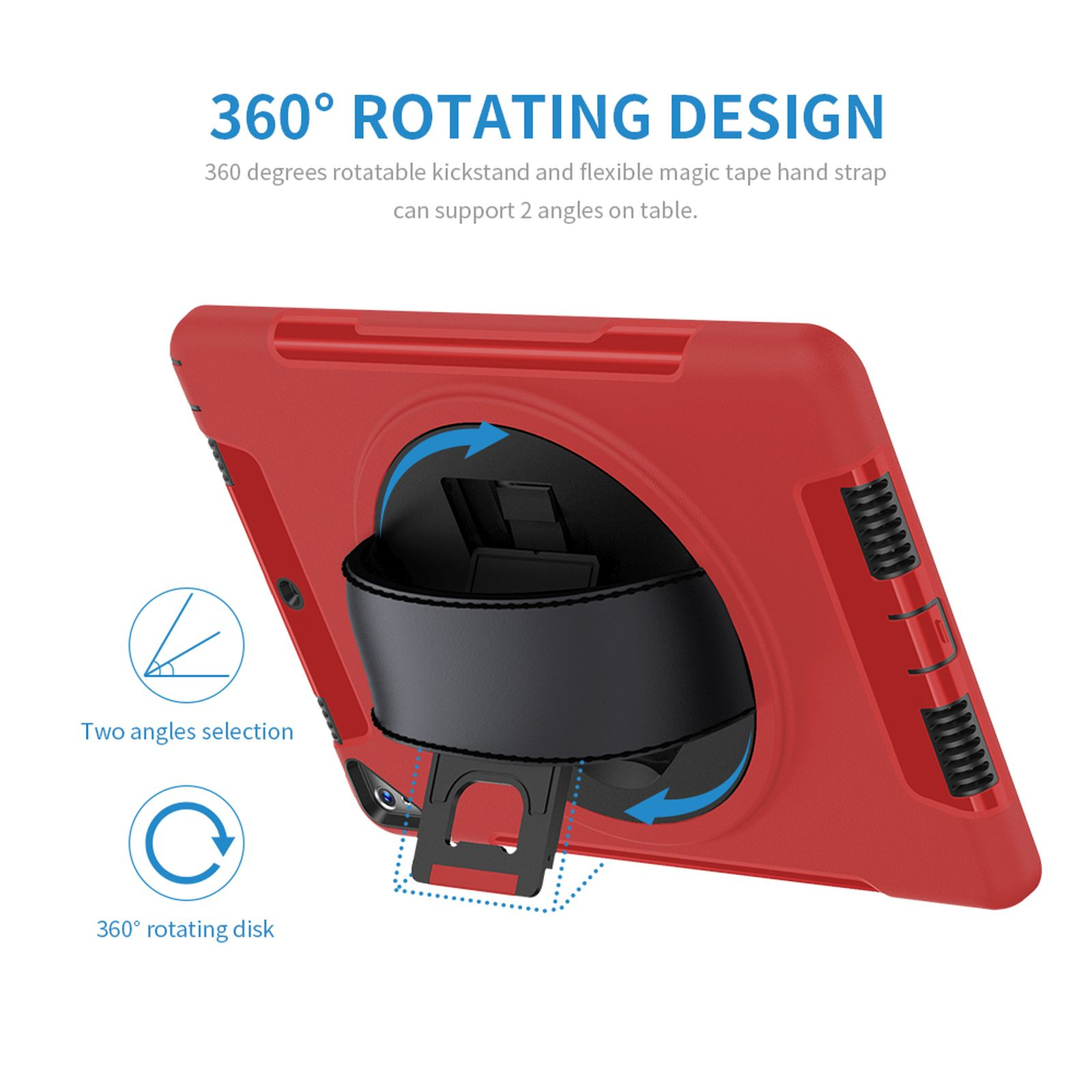 Rote Tablethülle mit drehbarem Design. Es gibt eine Handschlaufe und einen Ständer mit Pfeilen.