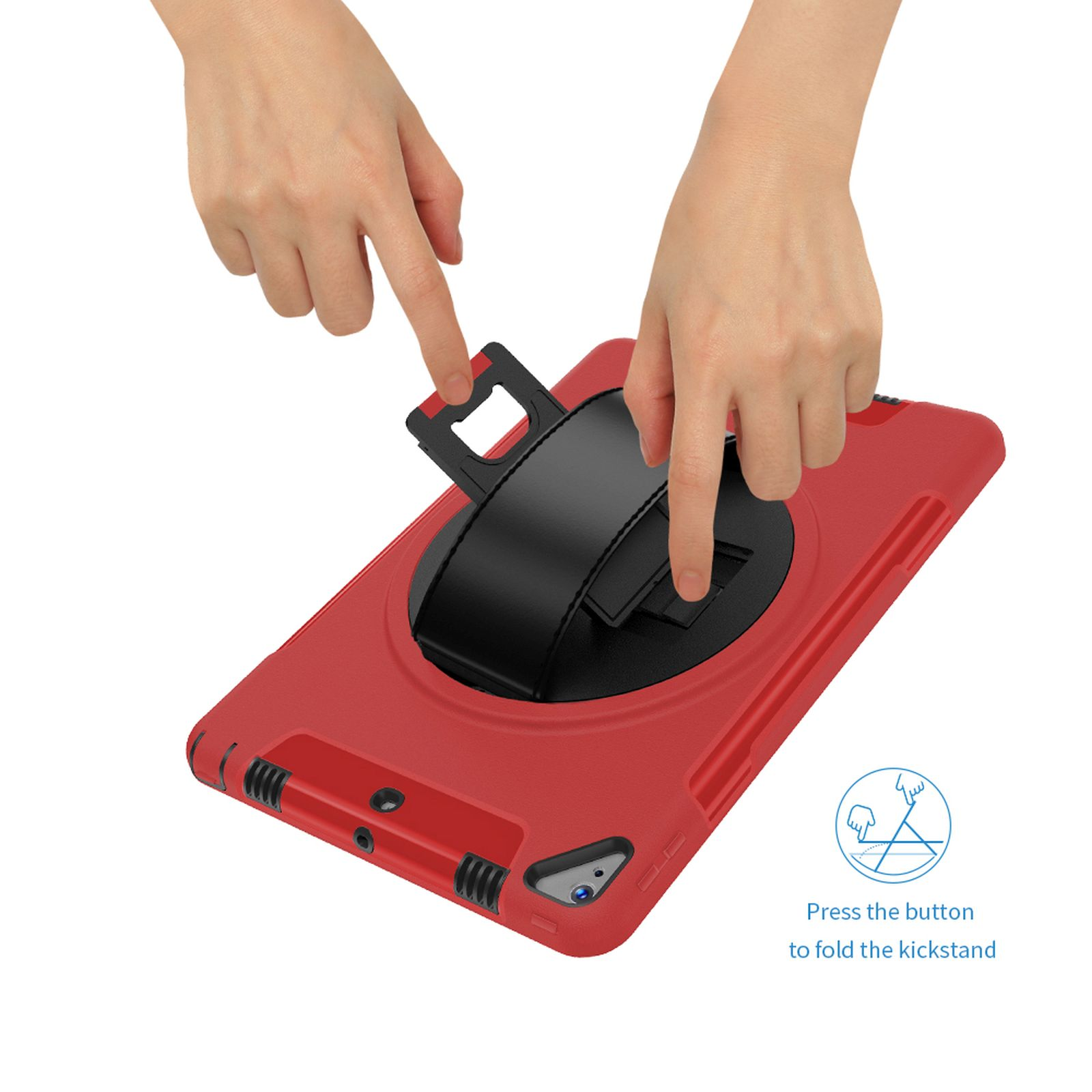 Hände drücken einen Knopf, um den Ständer einer roten Tablet-Hülle auf weißem Hintergrund zusammenzuklappen.