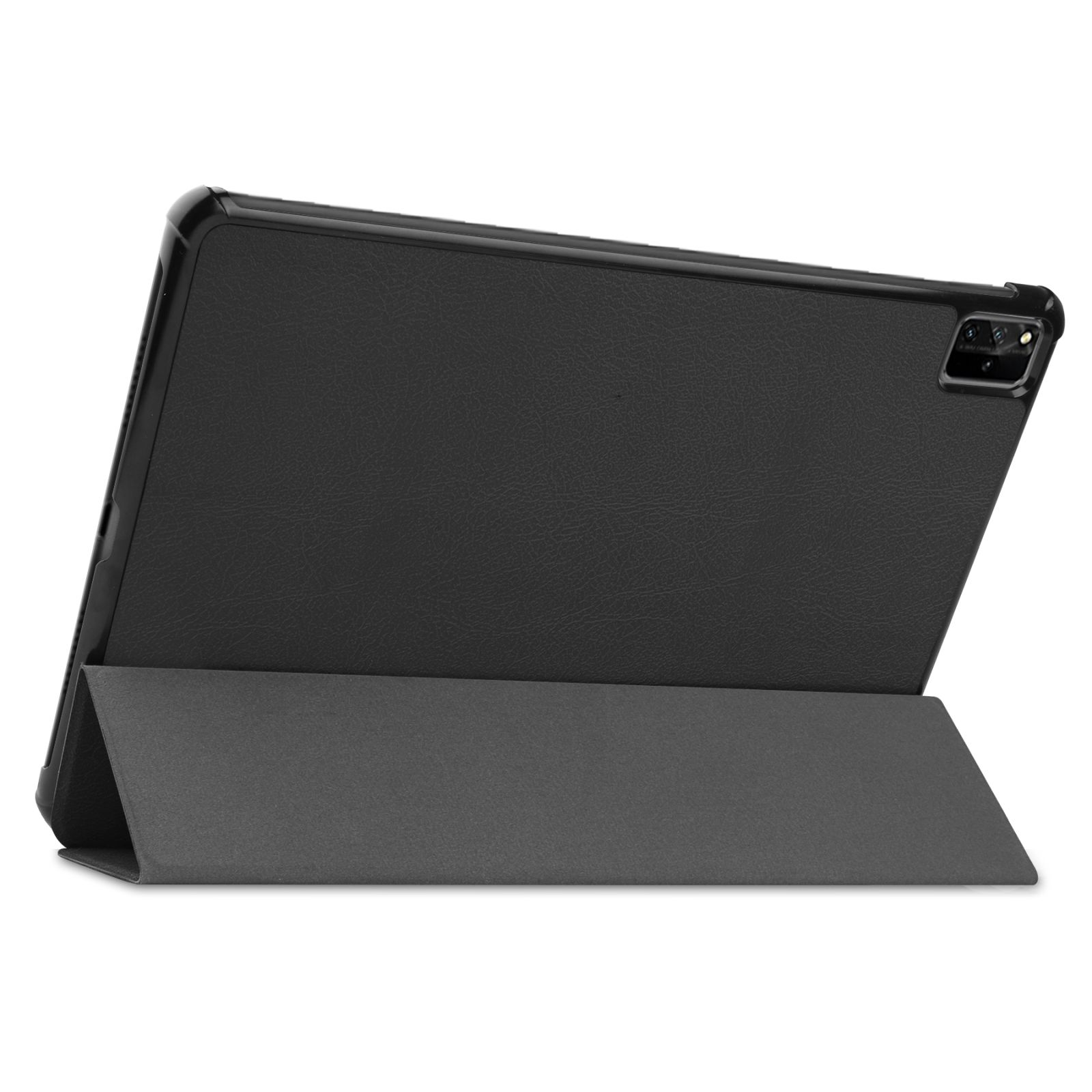 Schwarze Tablethülle mit Ständer. Geöffnet. Weißer Hintergrund. Zeigt die Rückseite des Tablets.