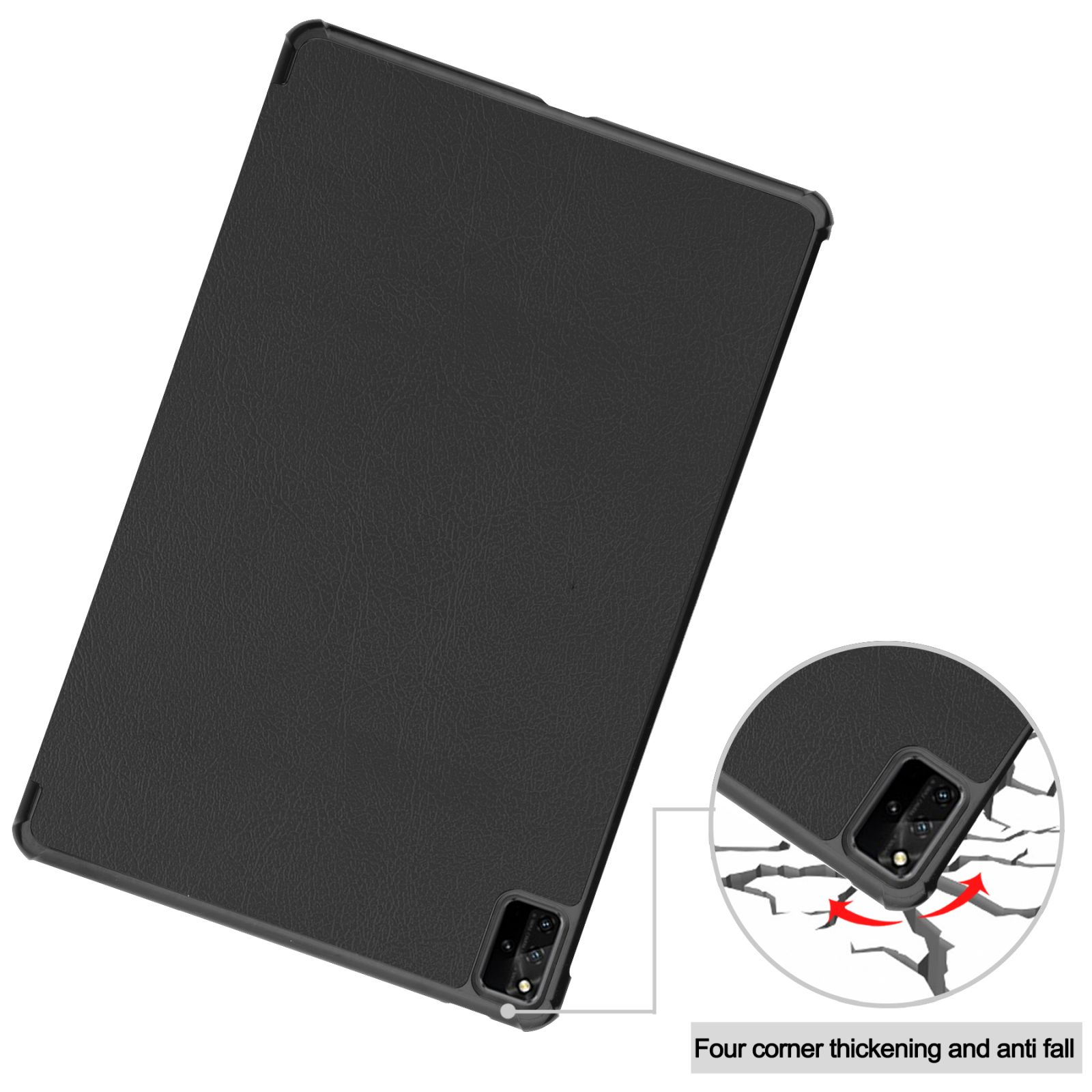 Eine schwarze Tablet-Hülle mit Diagramm, das Eckenschutz zeigt.
