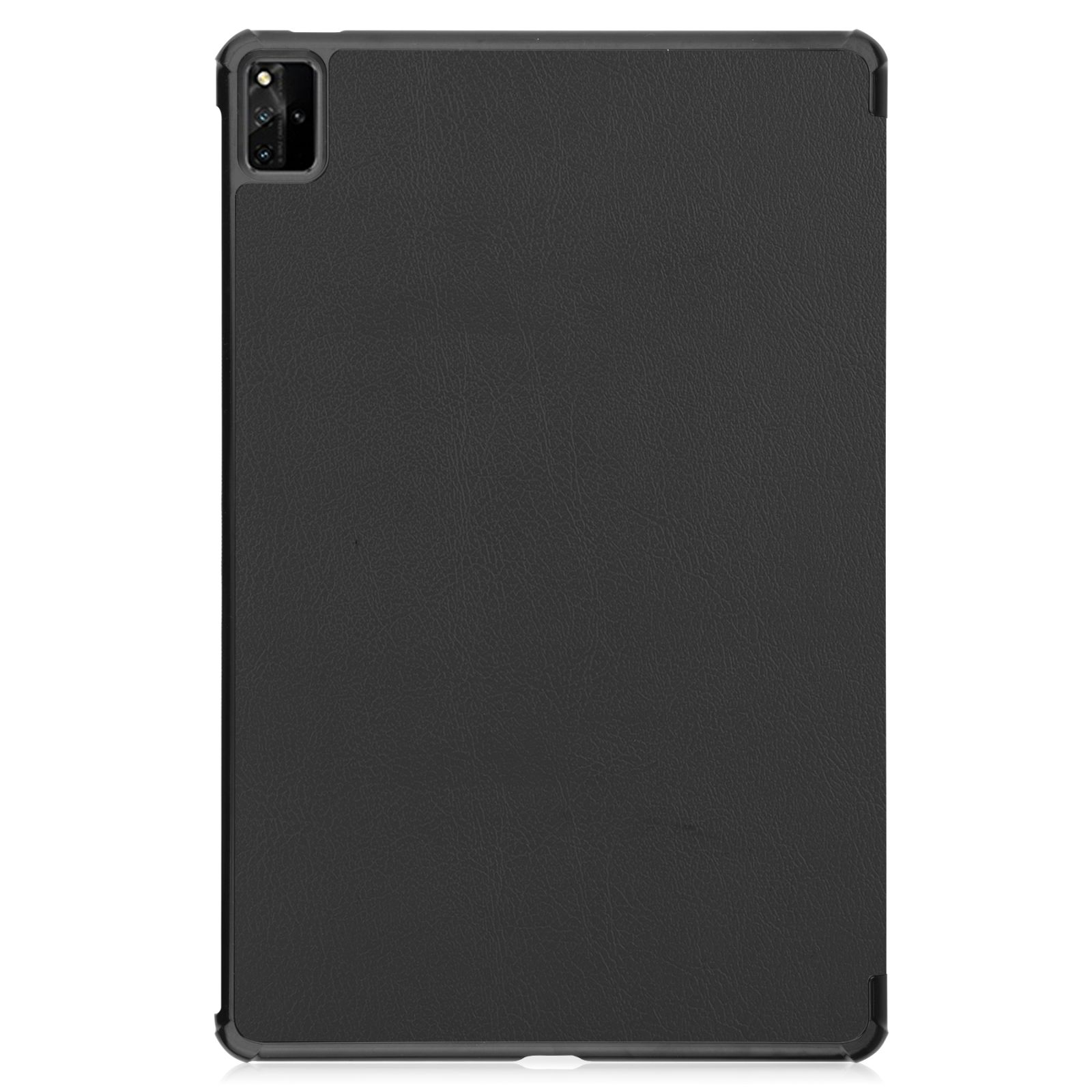 Eine schwarze Tablethülle mit strukturierter Oberfläche und einem Kameraausschnitt oben links.