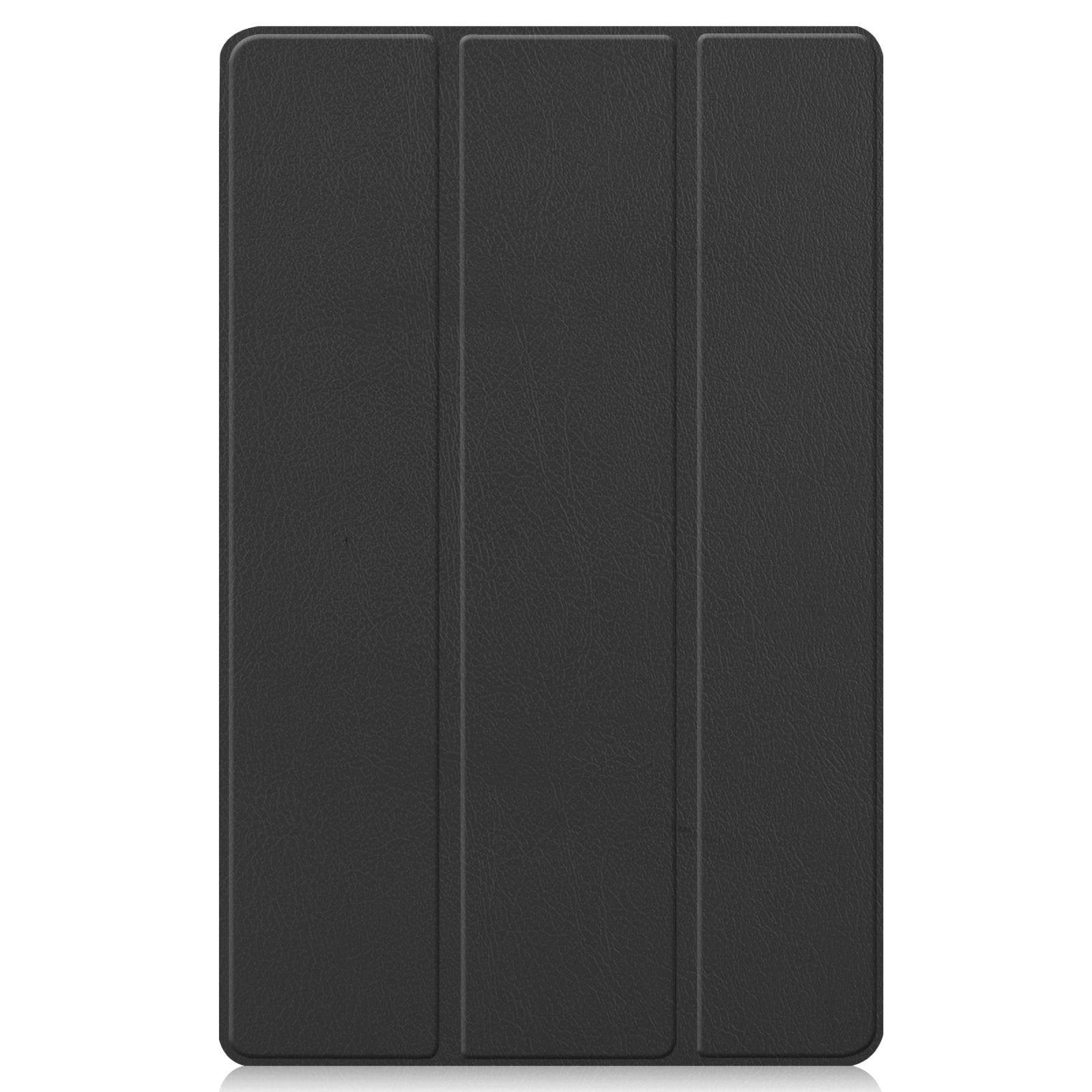 Schwarze Tablethülle, geschlossen, glatte Oberfläche, dunkelgrauer Hintergrund.