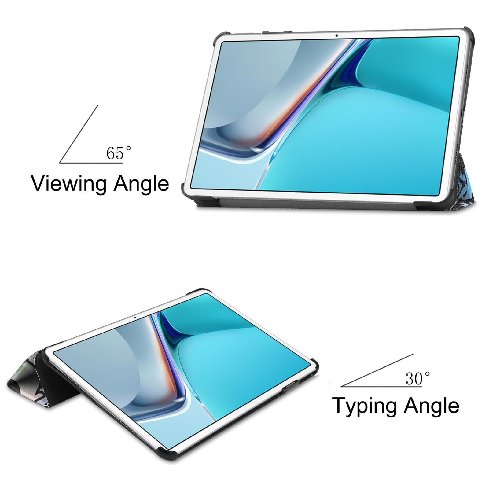 Tablet mit blauem Bildschirm. Angezeigt in einem Betrachtungswinkel von 65 Grad und einem Tippwinkel von 30 Grad.
