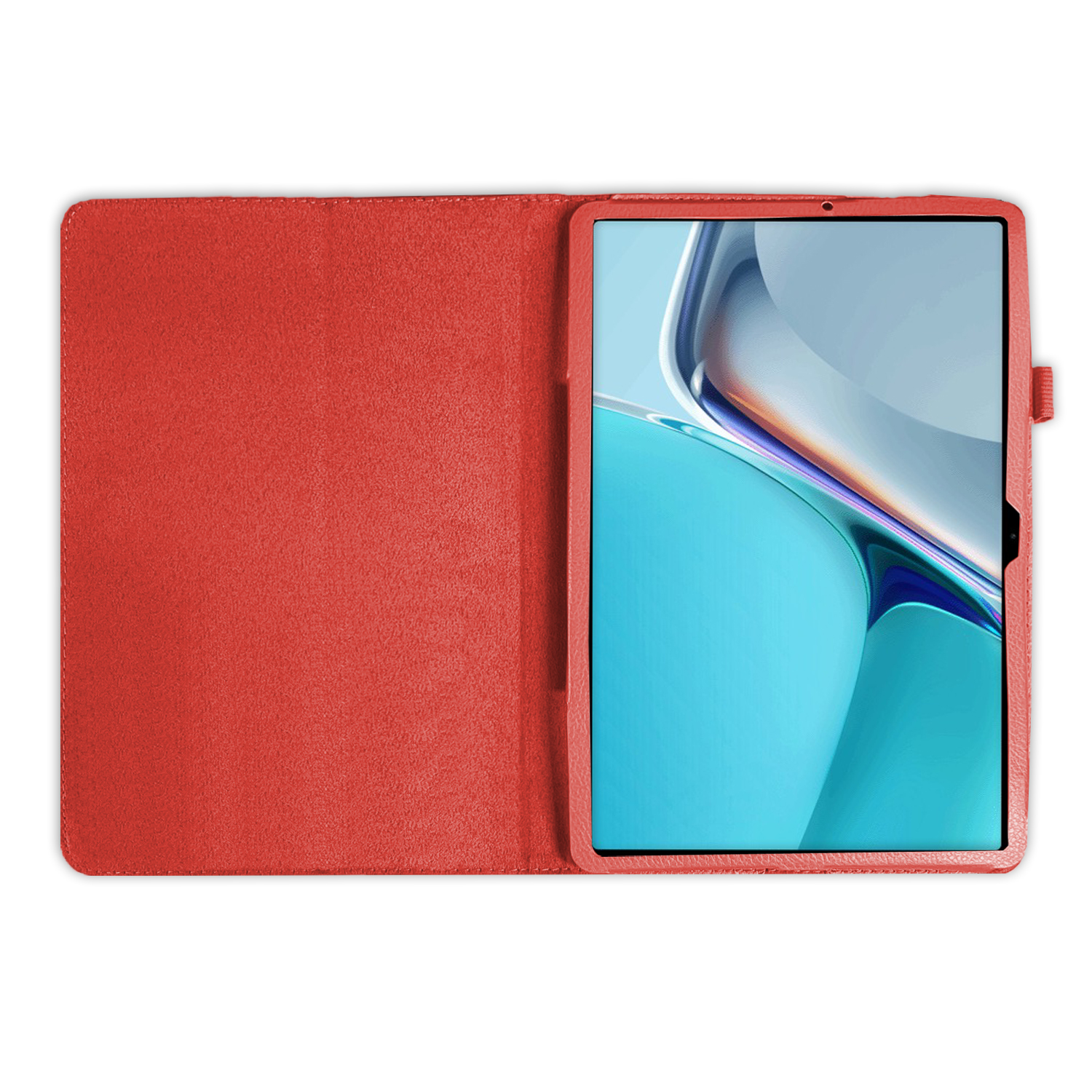 Rote Tablethülle offen mit einem Tablet darin.