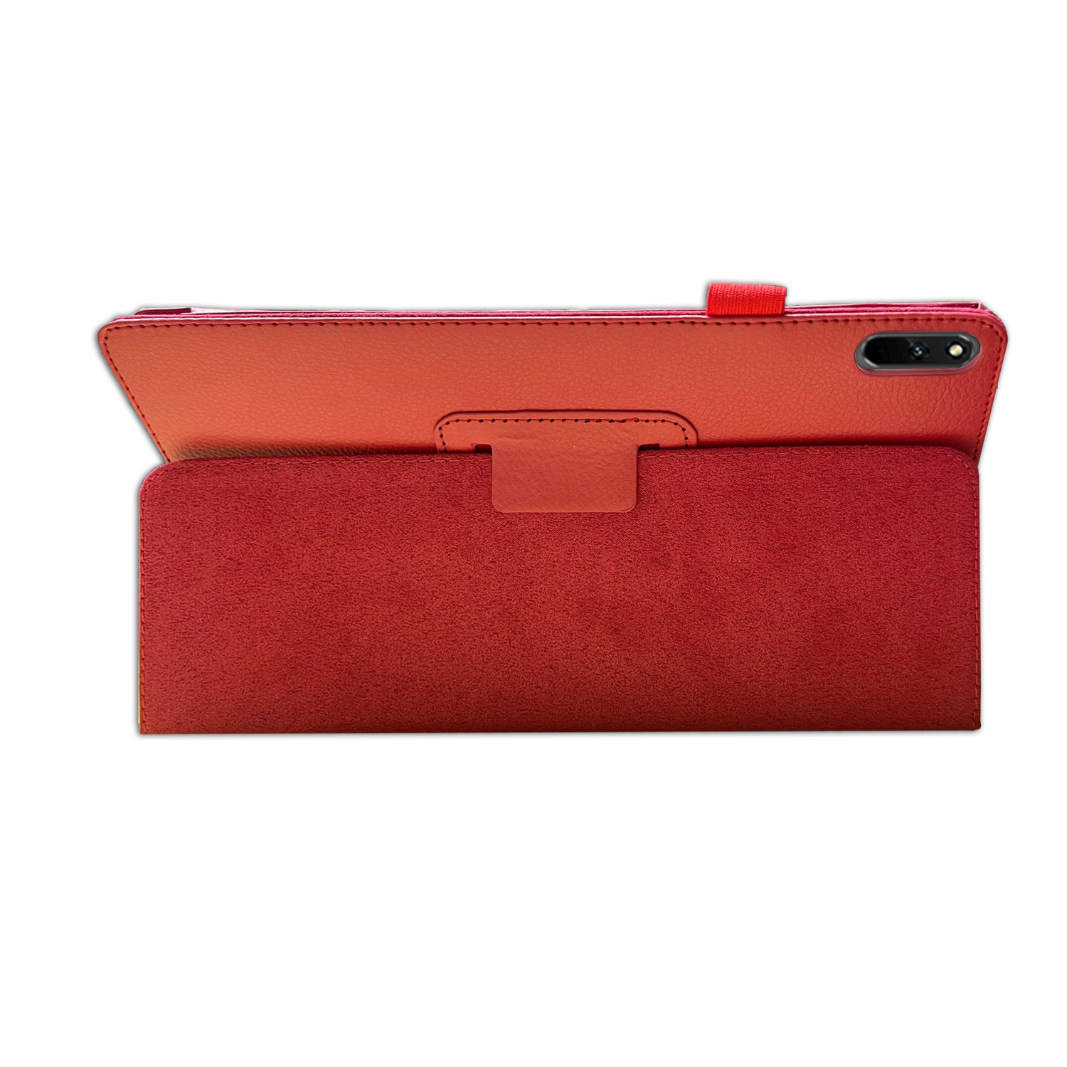 Rote und orangefarbene Tablet-Hülle, offen, zeigt das Gerät im Inneren. Weißer Hintergrund.