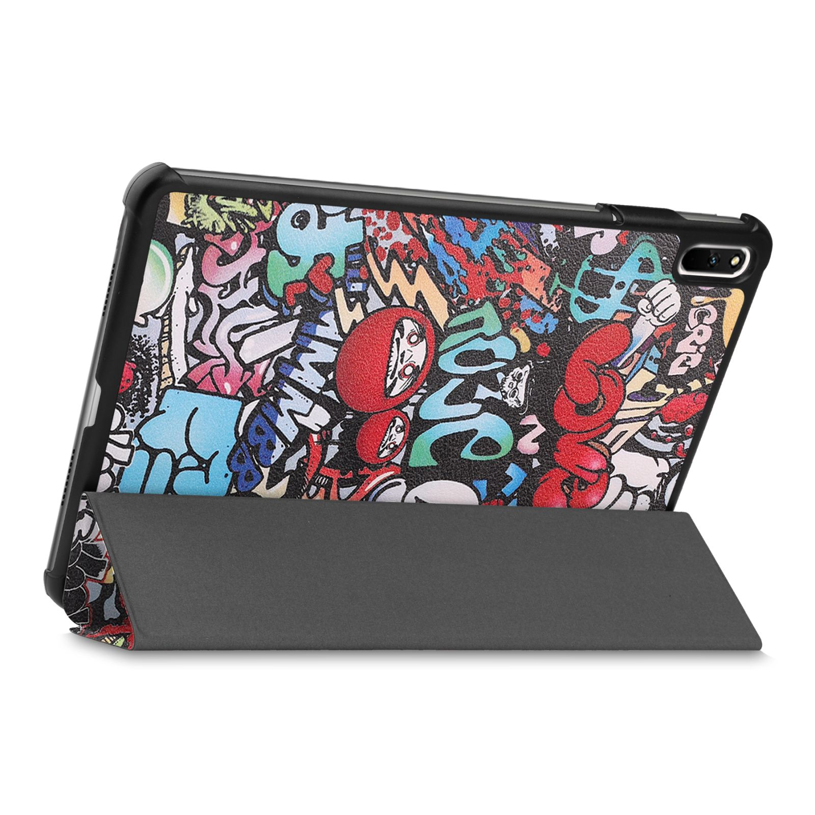Tablet mit Graffiti-Kunst. Die Hülle ist aufgestellt und zeigt ein farbenfrohes Design. Schwarzer Rahmen.