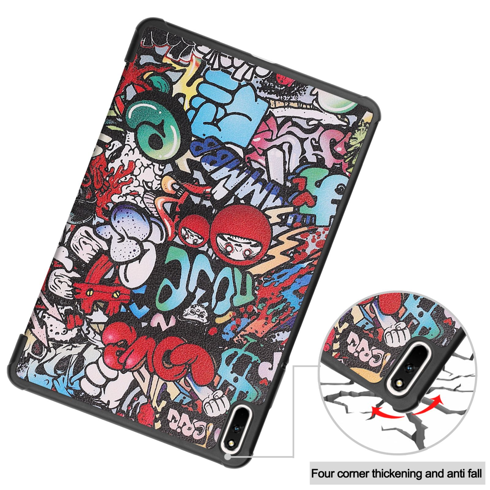 Tablet mit einer Hülle im Graffiti-Kunst-Design. Die Hülle ist offen. Eckenschutzdetails werden gezeigt.