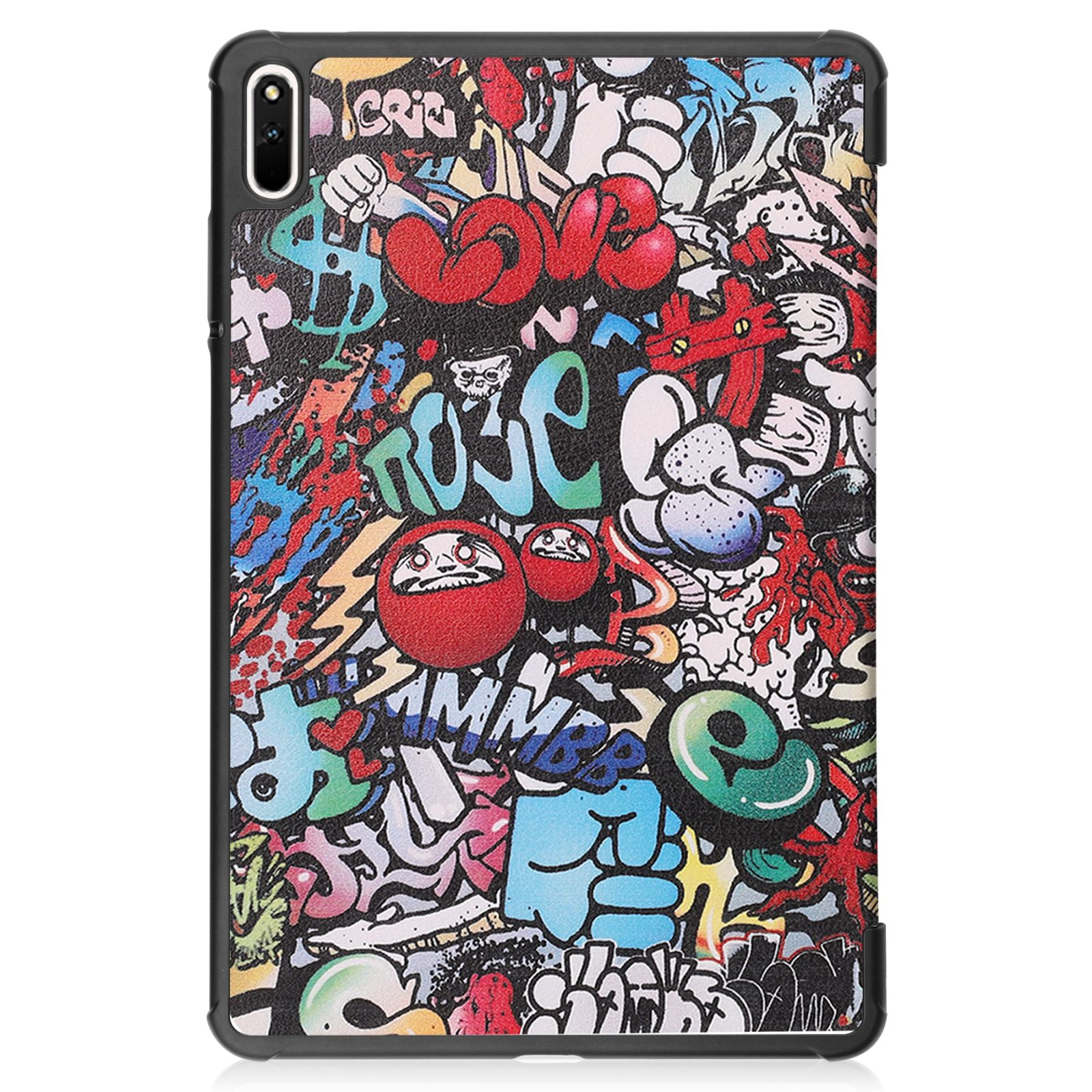 Tablethülle mit bunter Graffiti-Kunst. Fette Buchstaben und verschiedene Symbole.