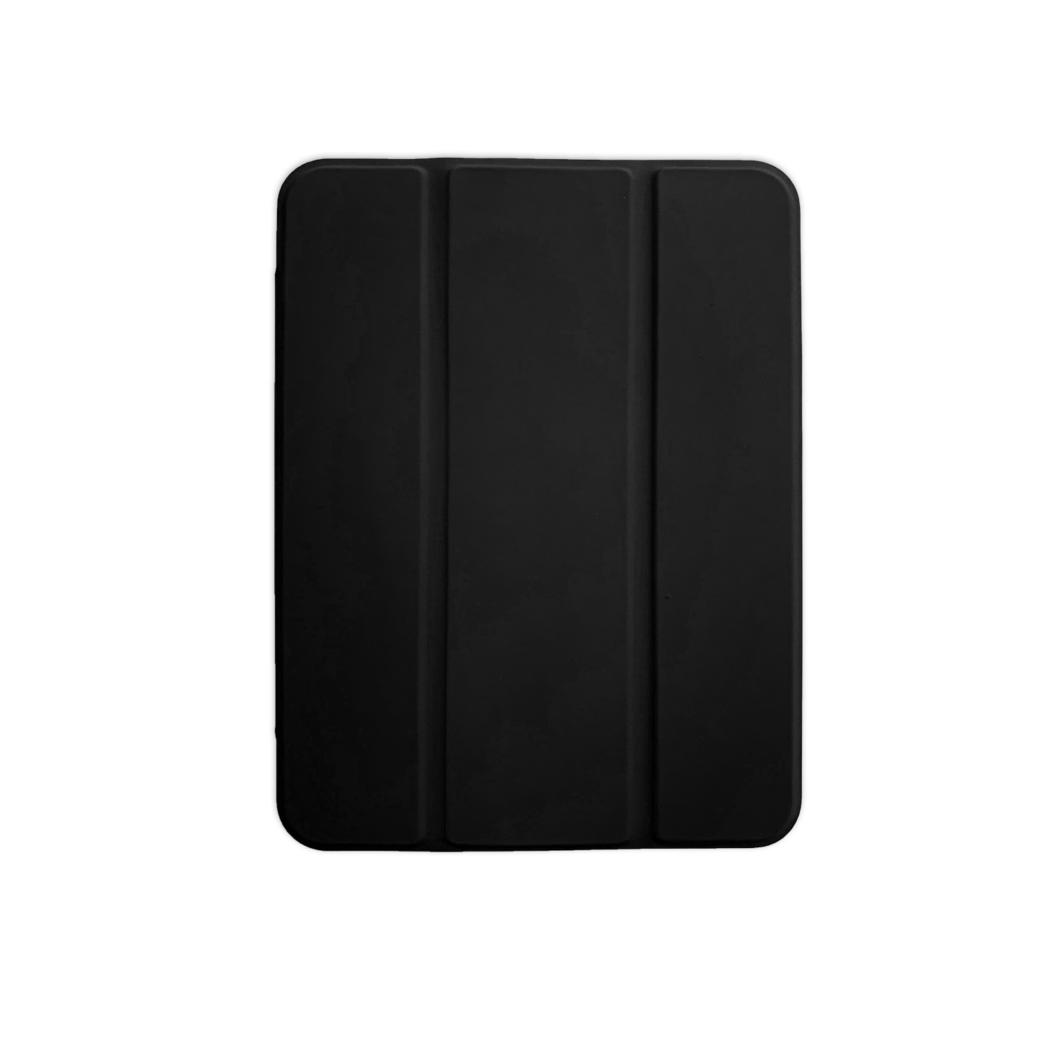 Schwarze Tablethülle in geschlossener Position, die eine glatte, feste Oberfläche zeigt.