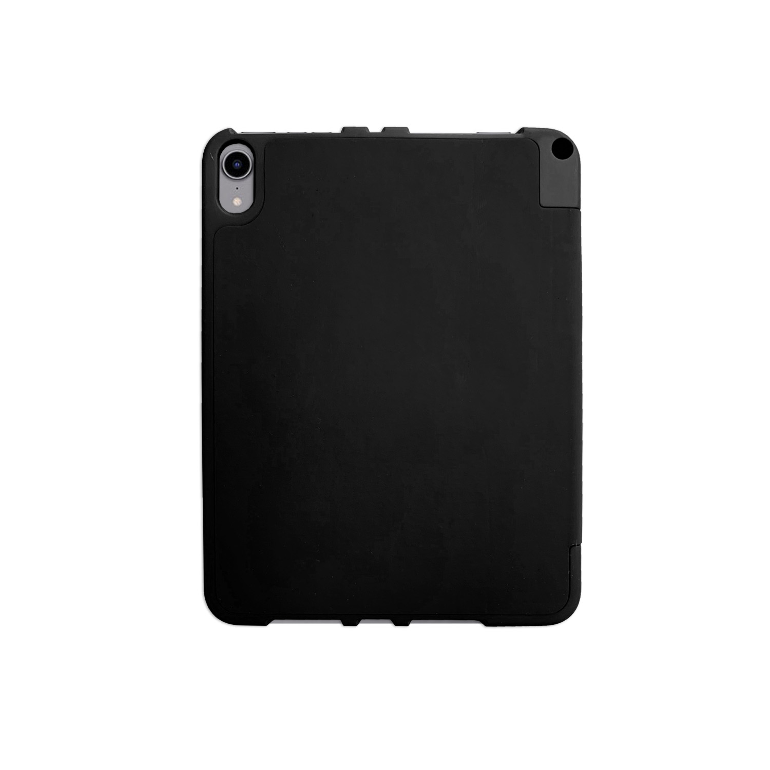 Schwarze Tablethülle mit schwarzem Rahmen, Kamera und Schutzdesign mit abgerundeten Ecken.