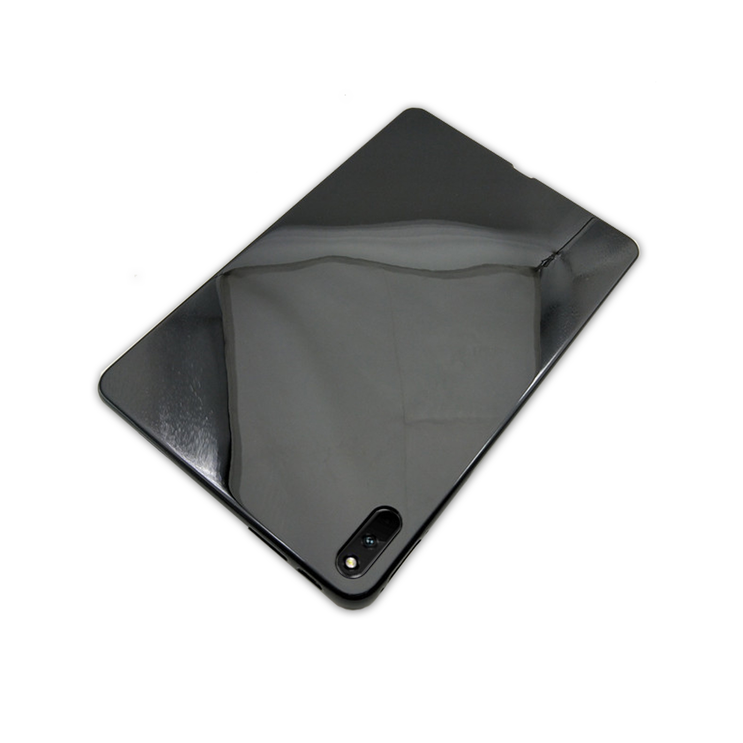 Ein schwarzes Tablet mit Kamera auf der Rückseite, nach rechts auf einer weißen Oberfläche geneigt.