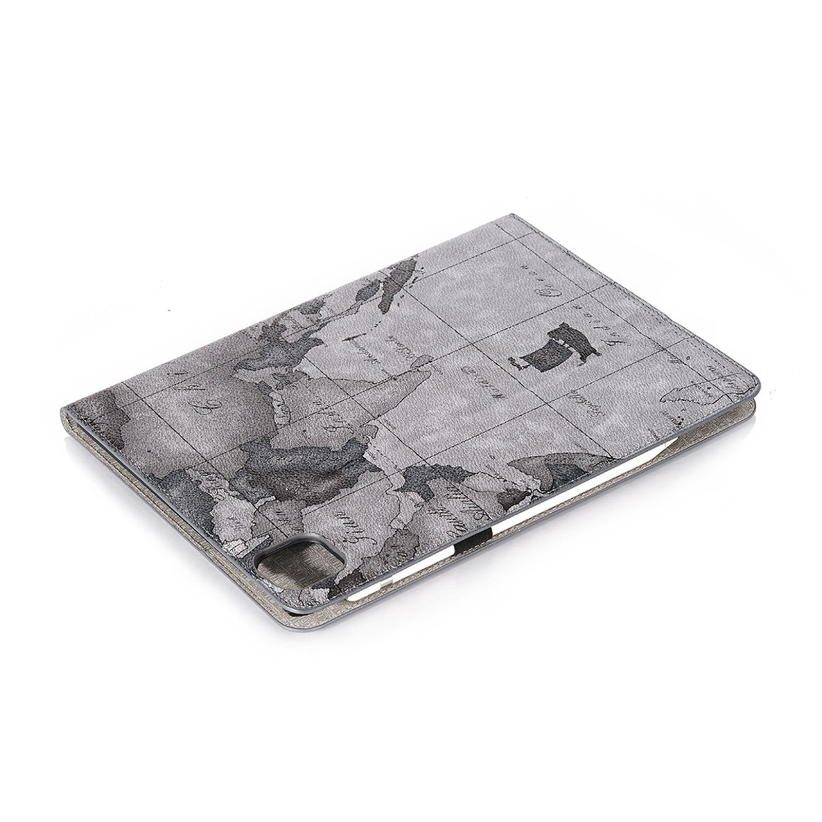Tablethülle mit Weltkarten-Design. Die Hülle ist geöffnet und zeigt die Karte. Der Deckel ist grau und strukturiert.