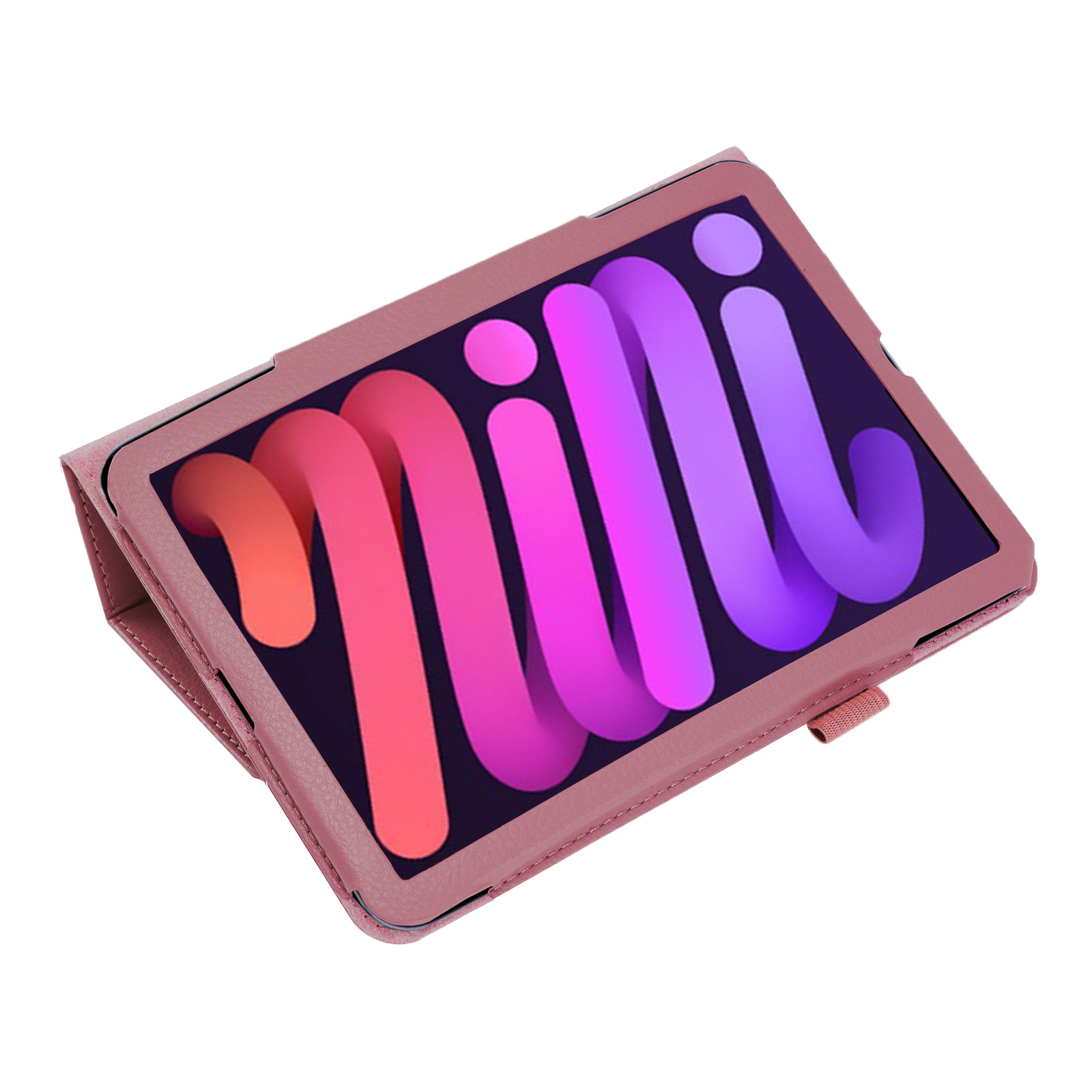 Tablet in pinkfarbenem Case mit farbenfrohem Bildschirm, abgewinkelt. Das Case ist offen mit Magnetverschluss.