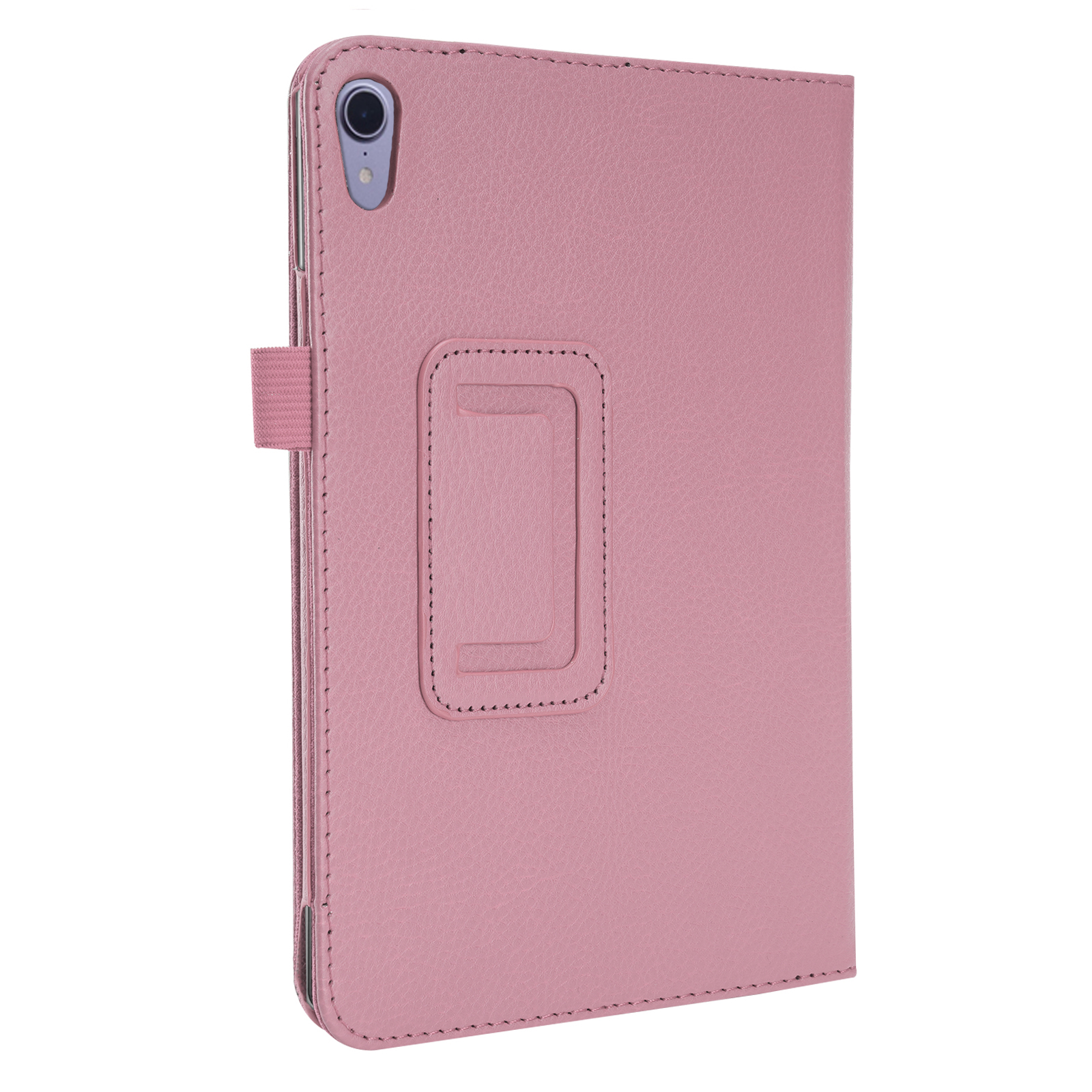 Eine pinkfarbene Tablet-Hülle wird geschlossen gezeigt, mit einem Riemen. Die Rückseite ist sichtbar. Die Hülle ist pink.