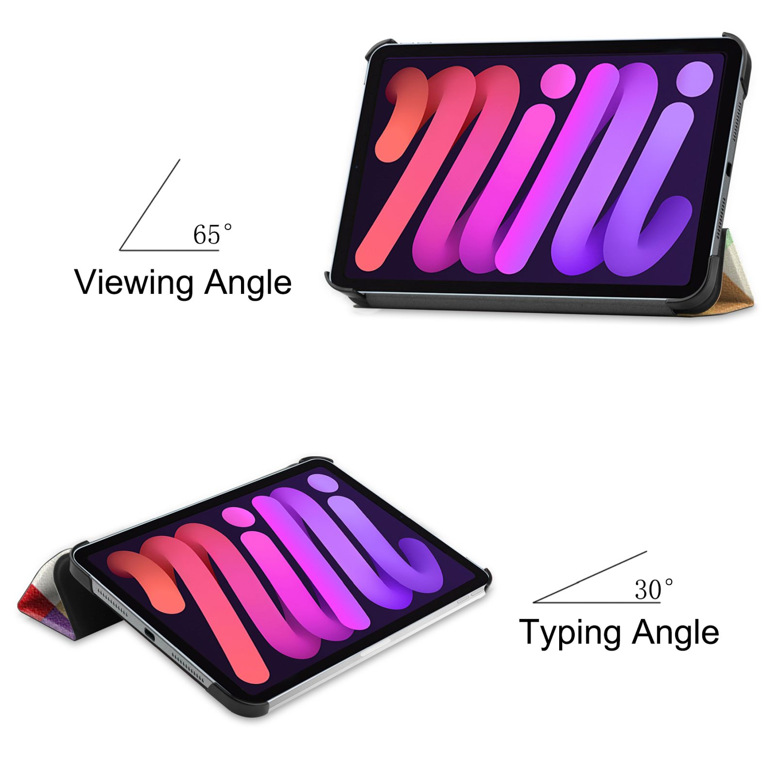 Tablet mit Hülle in zwei Positionen, Anzeige der Betrachtungs- und Tippwinkel. Rosa und lila Logo.