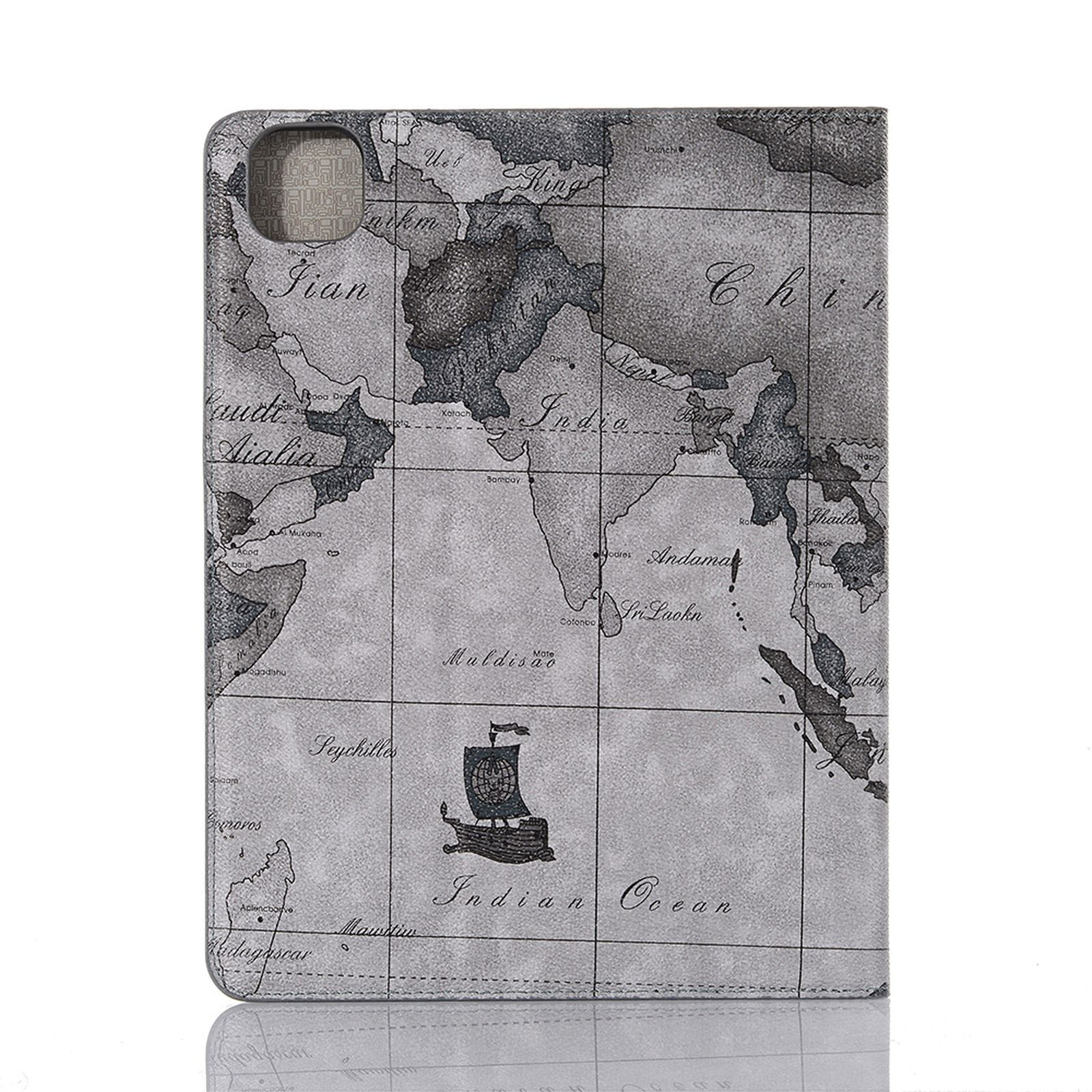 Tablet-Hülle mit Weltkarten-Design. Die Hülle zeigt eine Weltkarte mit einem Bootsbild.