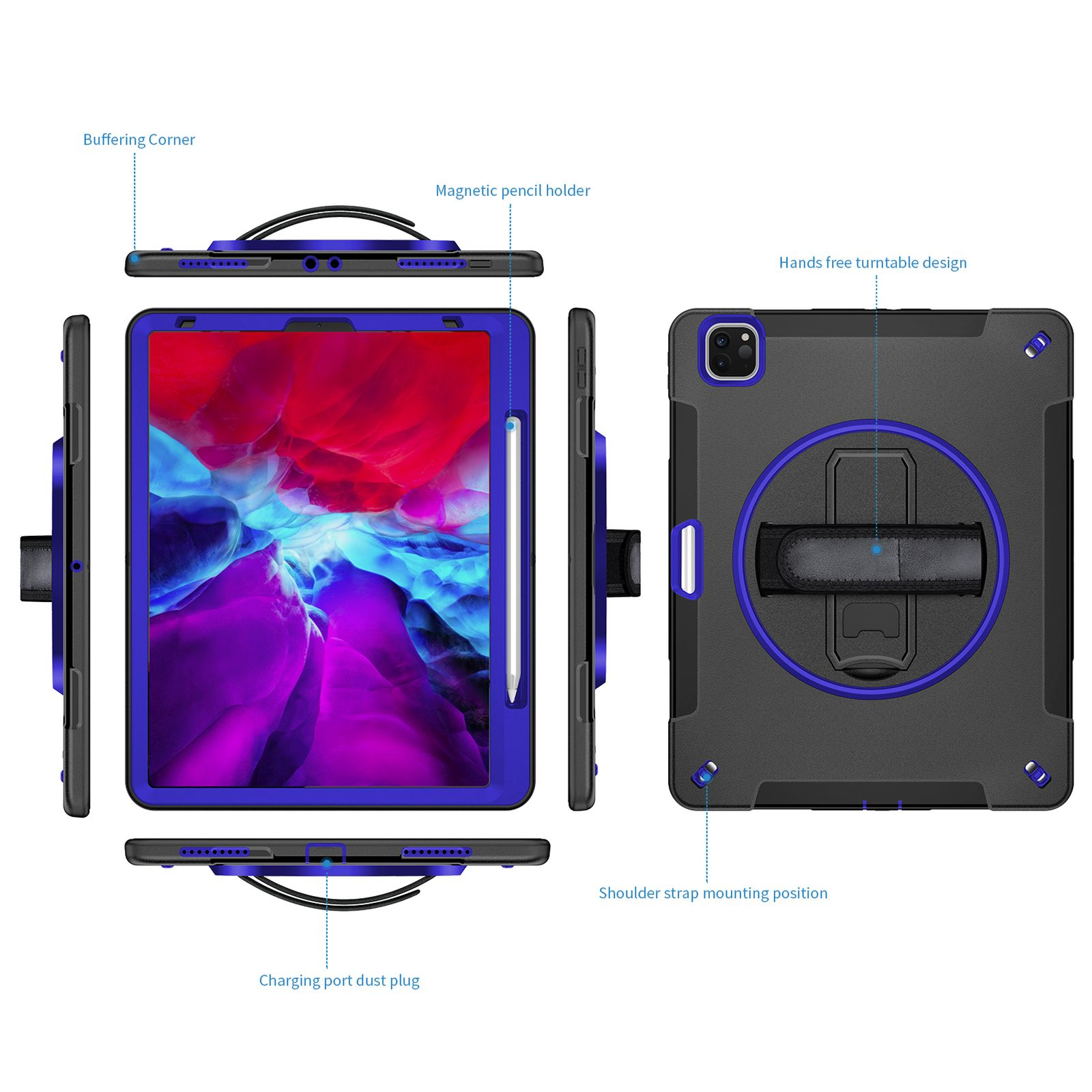 LOBWERK 4in1 Schutzhülle Case Bookcover Pro Apple Kunststoff, für Blau 12.9 2018 iPad 2020 Zoll 12.9