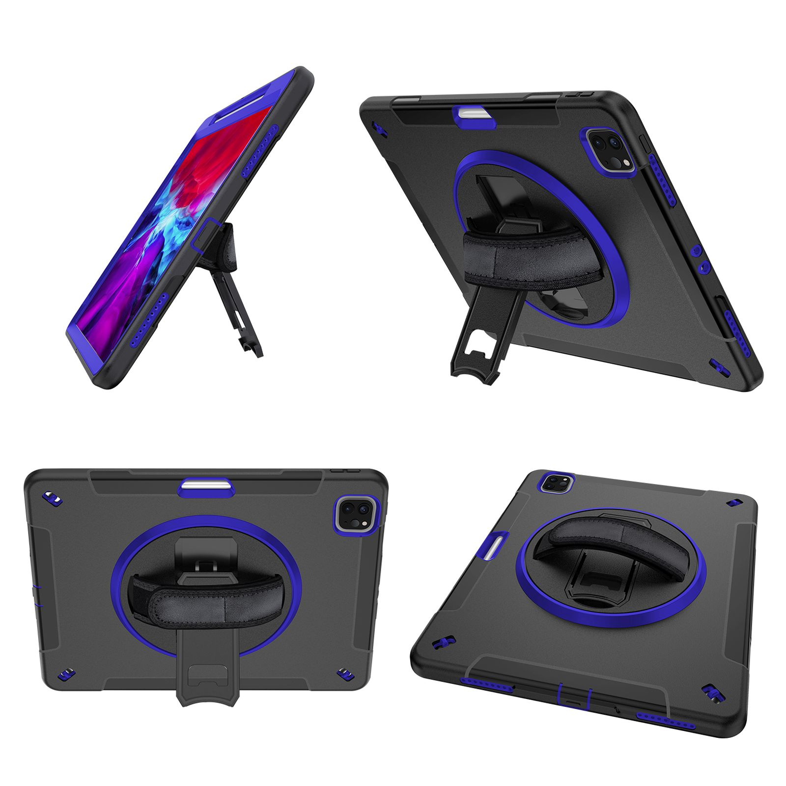 Vier Bilder eines Tablets in einer schwarz-blauen Hülle. Verschiedene Winkel werden gezeigt.