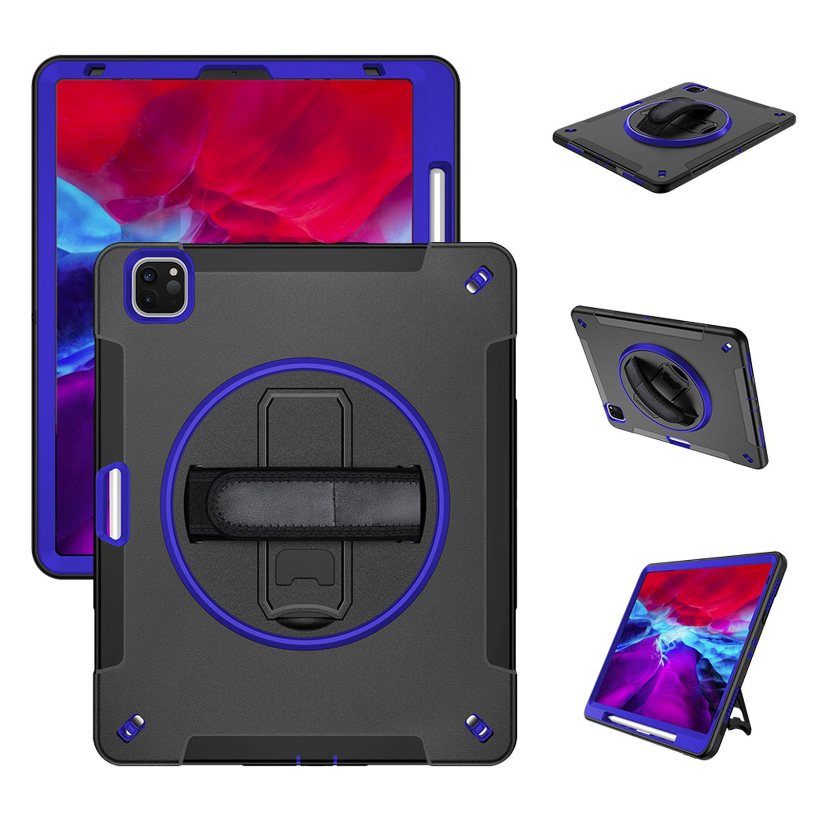Tablethülle mit mehreren Ansichten. Schwarz und blau, einschließlich Handschlaufe und Ständer.