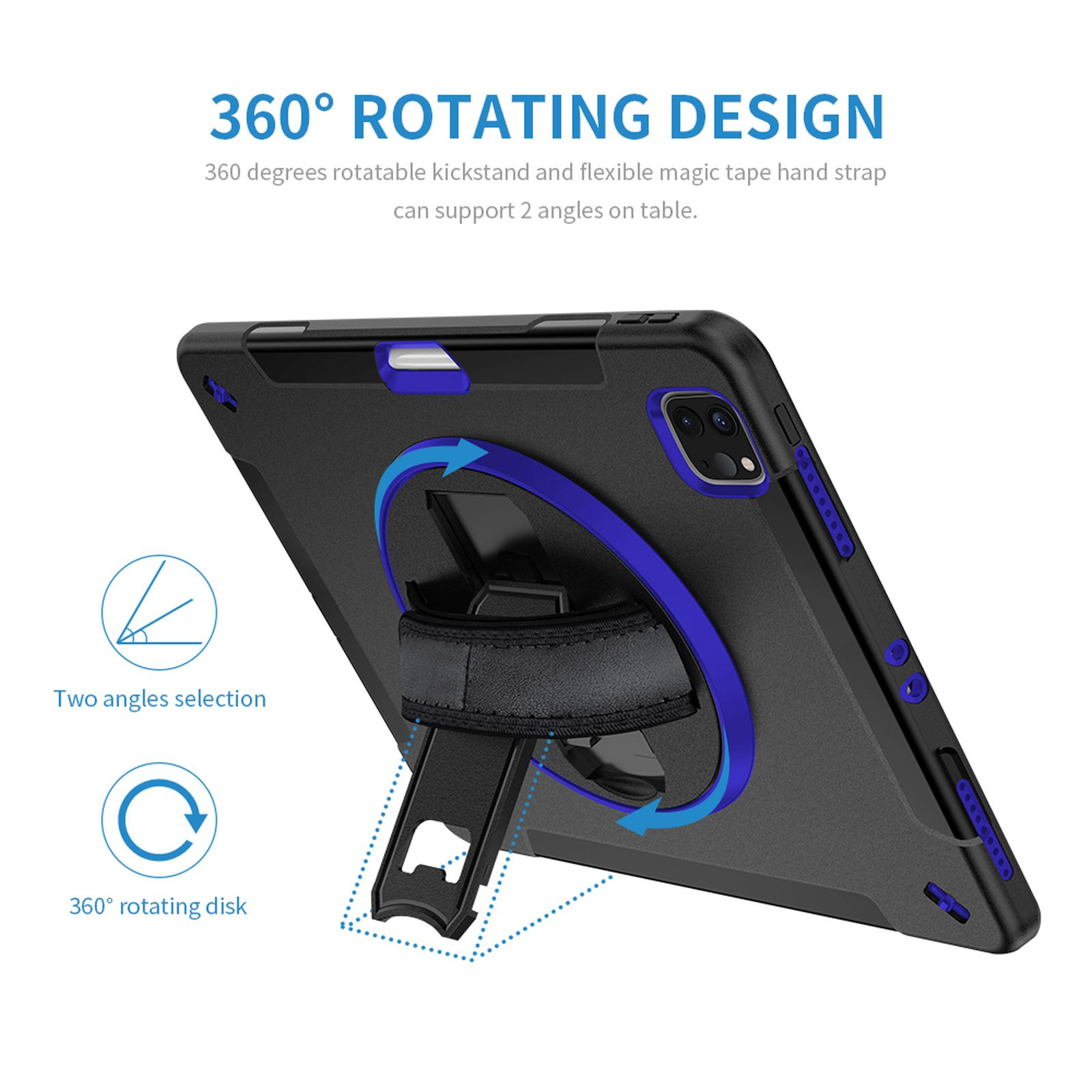 Schwarz-blaue Tablethülle mit drehbarem Ständer und Handschlaufe. Texte: 360° Rotierendes Design. Zwei Winkelauswahl.