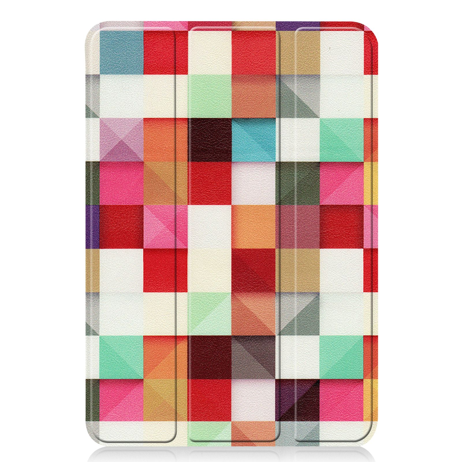 Eine Tablet-Hülle mit einem farbenfrohen geometrischen Design, mit Quadraten in verschiedenen Farben. Sie ist geschlossen.