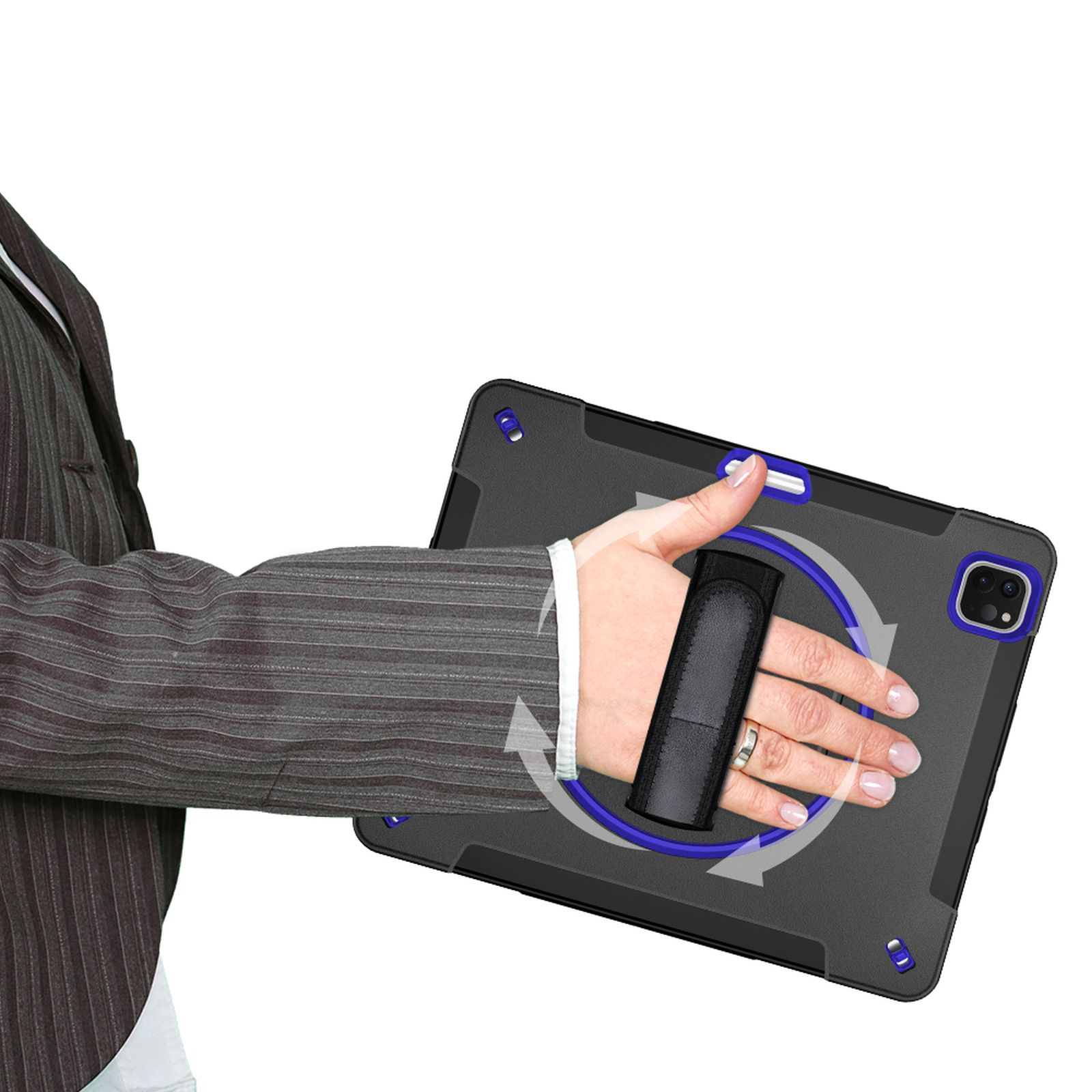 Person hält ein Tablet mit Riemen auf der Rückseite. Pfeile zeigen, dass sich der Riemen drehen kann.