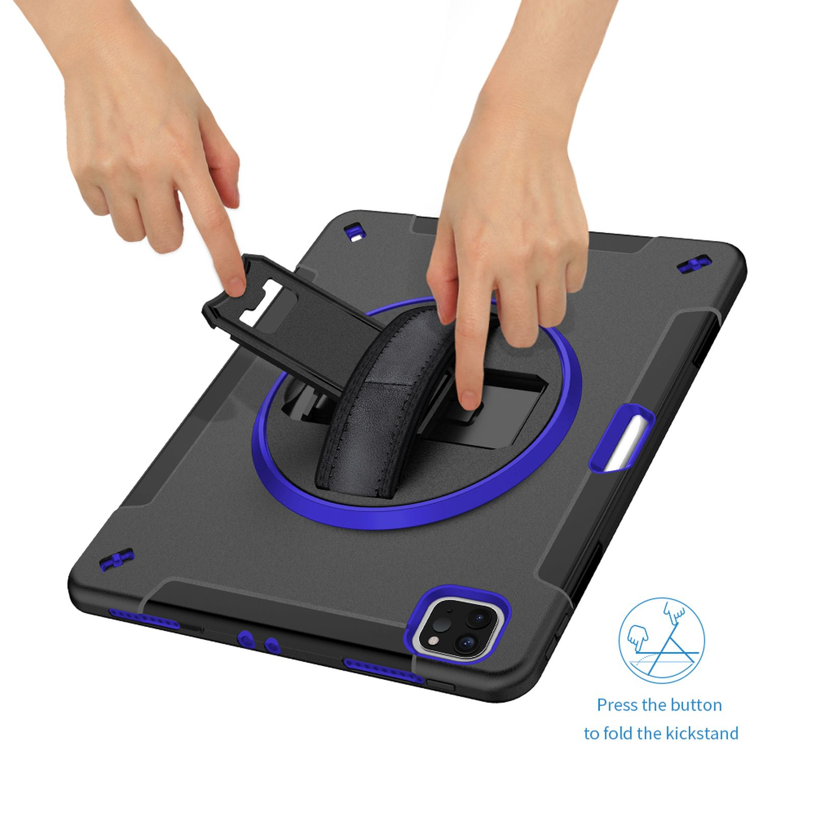 Hände montieren eine Tablet-Hülle mit blauem Akzent und Ständer. Drücken einer Taste zum Zusammenklappen.