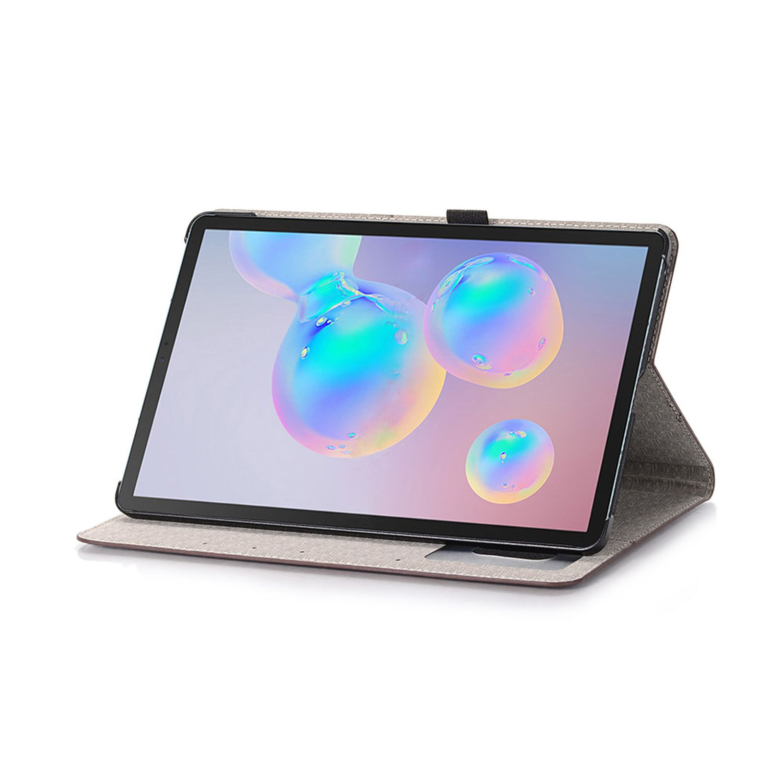 Tablet in einer grauen Hülle, geöffnet, um den Bildschirm anzuzeigen. Der Bildschirm zeigt bunte Blasen.