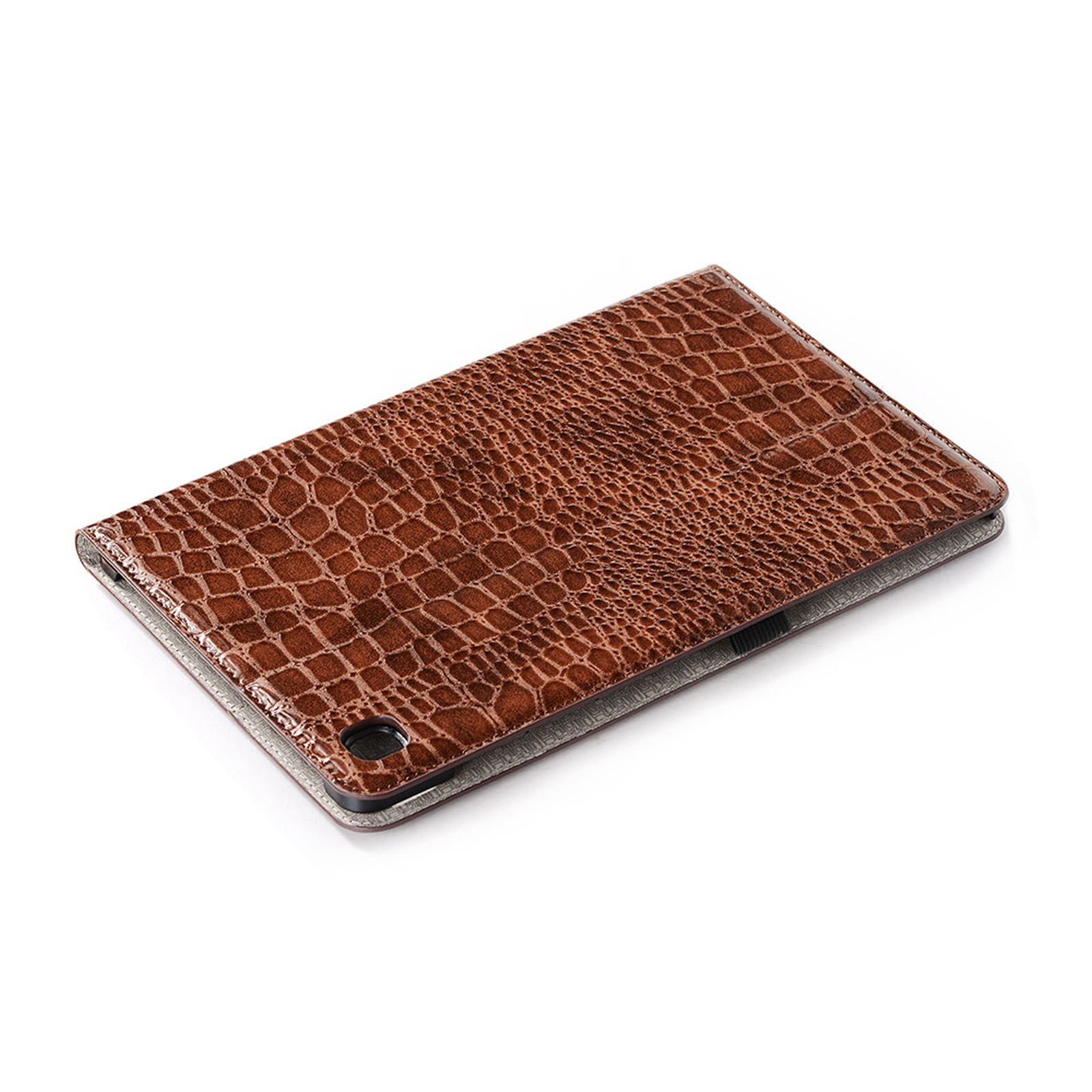 Eine braune Tablet-Hülle aus Leder mit Krokodilhautstruktur, geöffnet auf weißem Hintergrund.