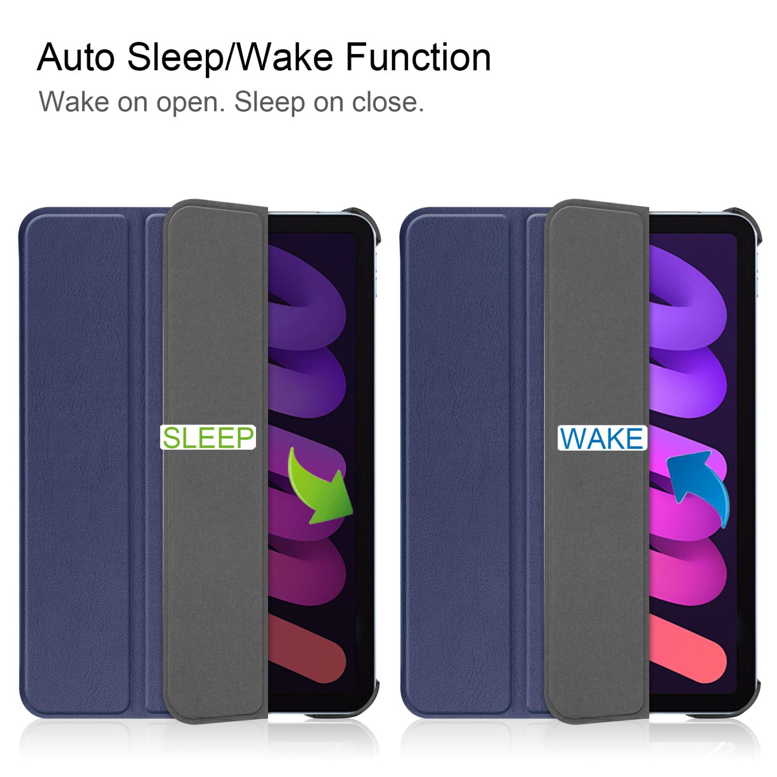 Tablet-Hülle mit offener und geschlossener Position, beschriftet mit 'SLEEP' und 'WAKE' mit Pfeilen.