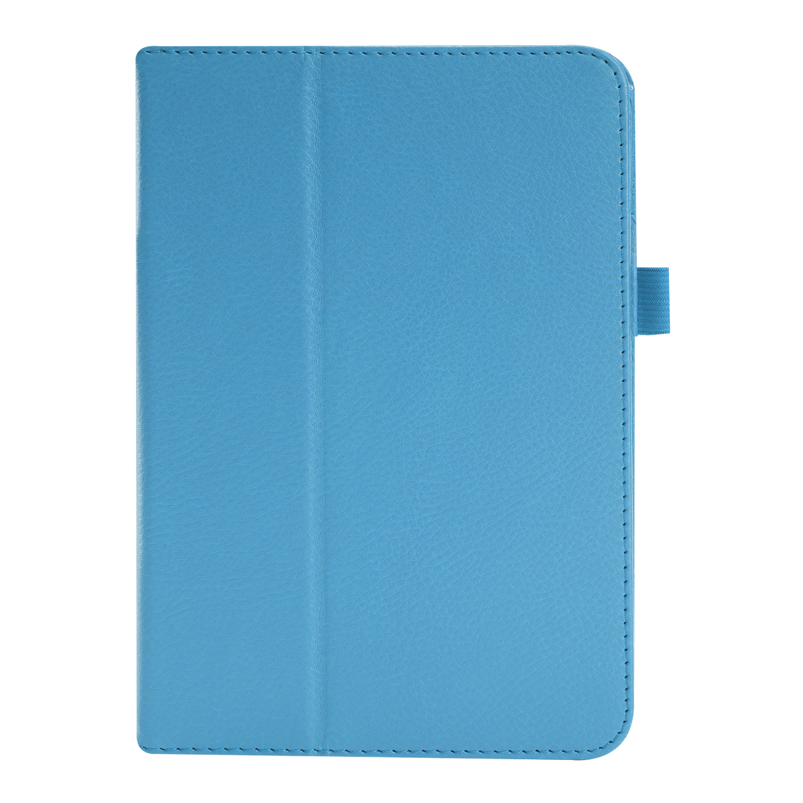 Geschlossene Tablet-Hülle, hellblaue Farbe, Lederstruktur.