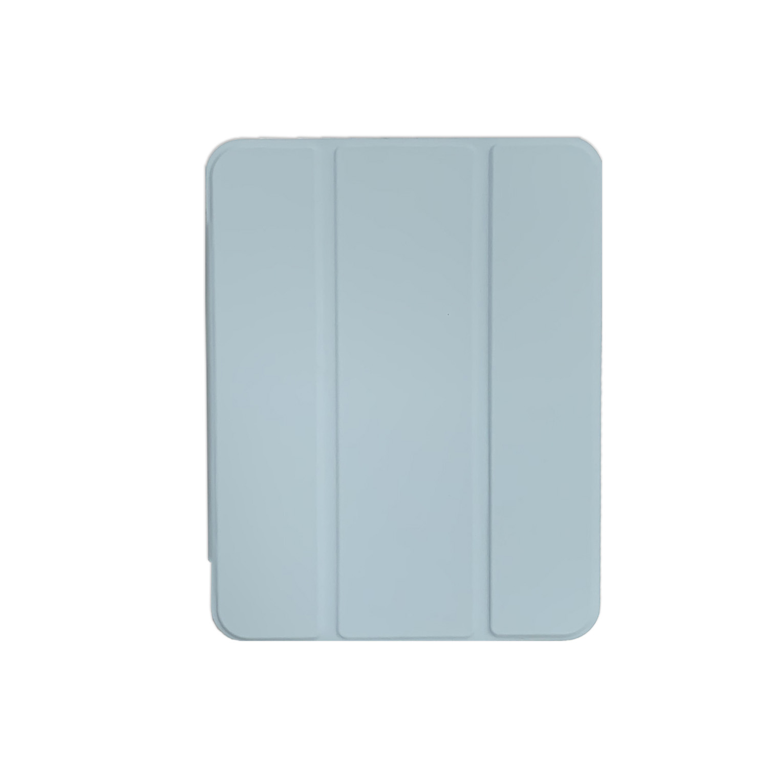 Hellblaue Tablet-Hülle, dreifach faltbares Design. Die Hülle ist auf weißem Hintergrund geschlossen. Einfach und sauber.