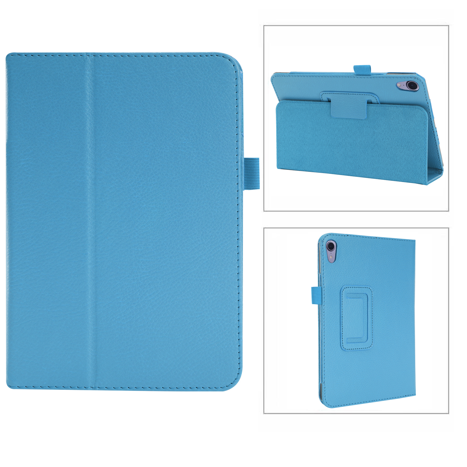 Eine blaue Tablettasche, offen und gefaltet, mit Lederstruktur.
