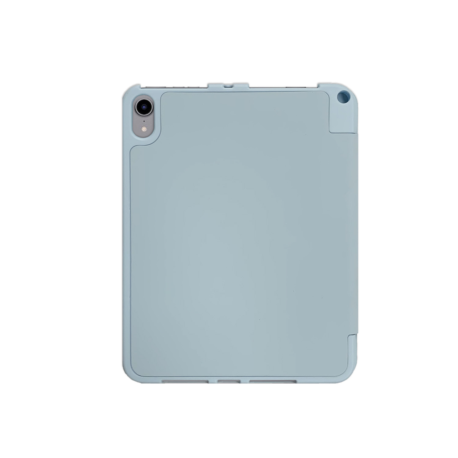Hellblaue Tablet-Hülle auf weißem Hintergrund. Die Hülle hat ein Kamer Loch.