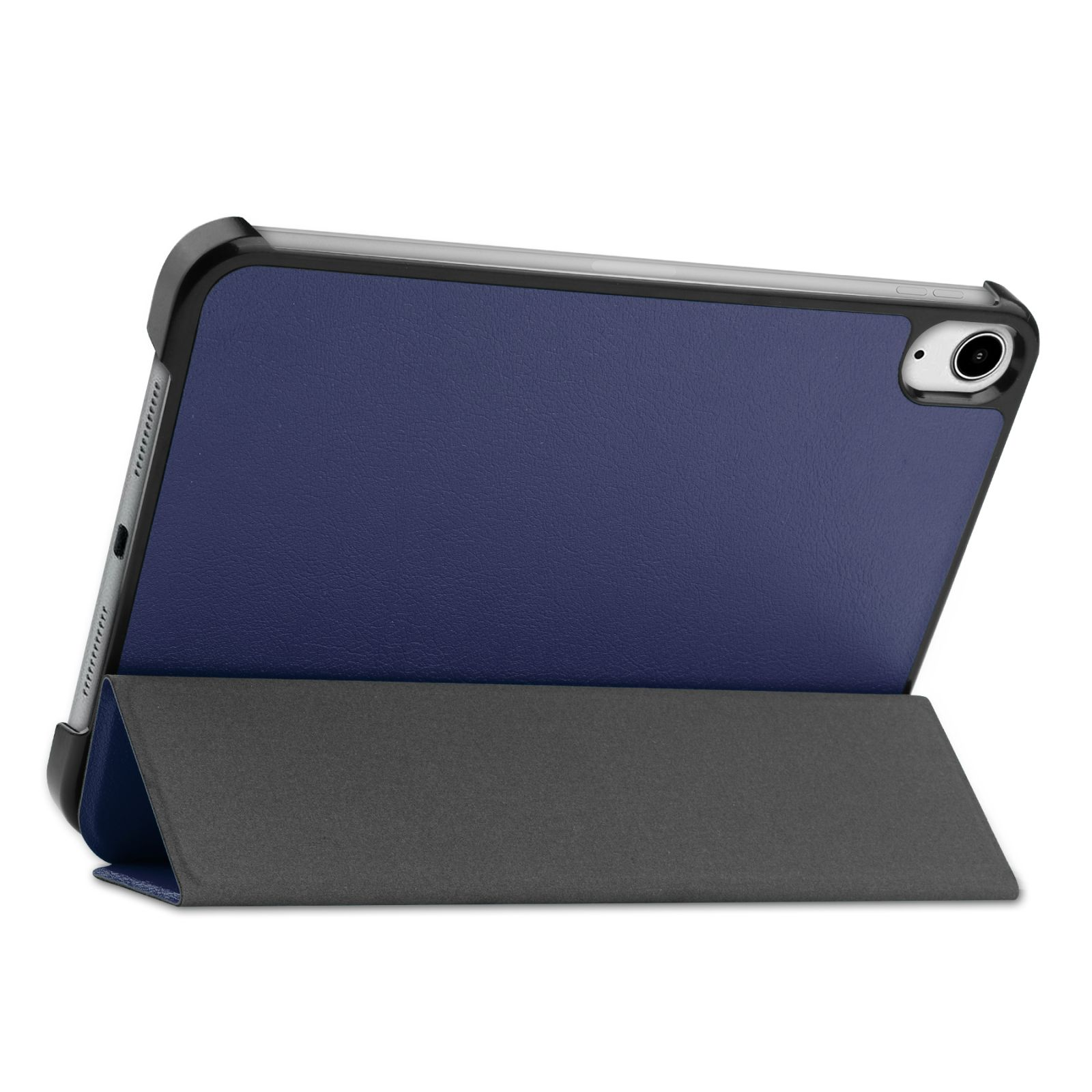 Dunkelblaue Tablet-Hülle, aufgestellt, mit schwarzem Rahmen und Kameraausschnitt. Grauer Ständer.