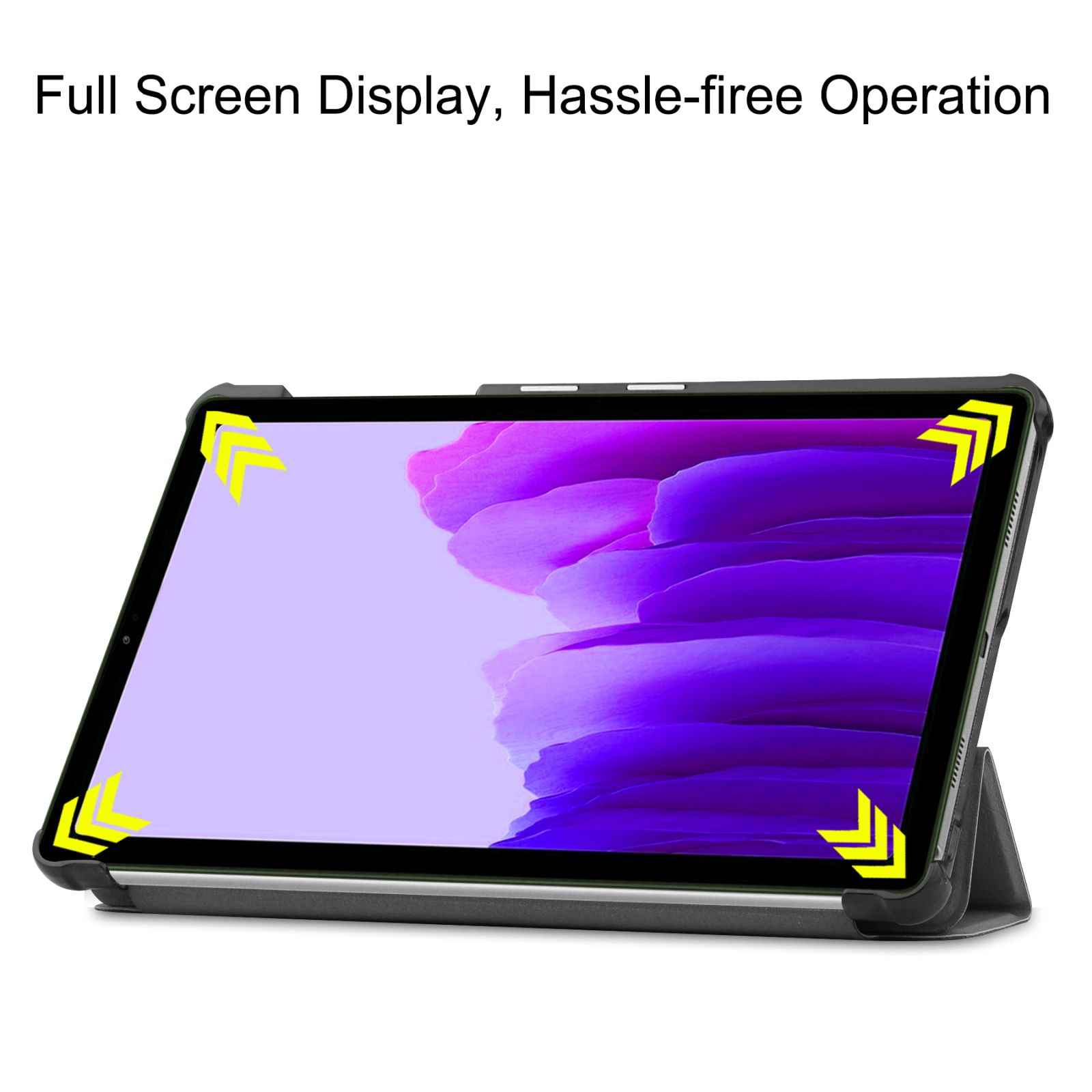 Tablet in einer Hülle. Es hat einen violetten Bildschirm und eine Hülle mit Ständer.