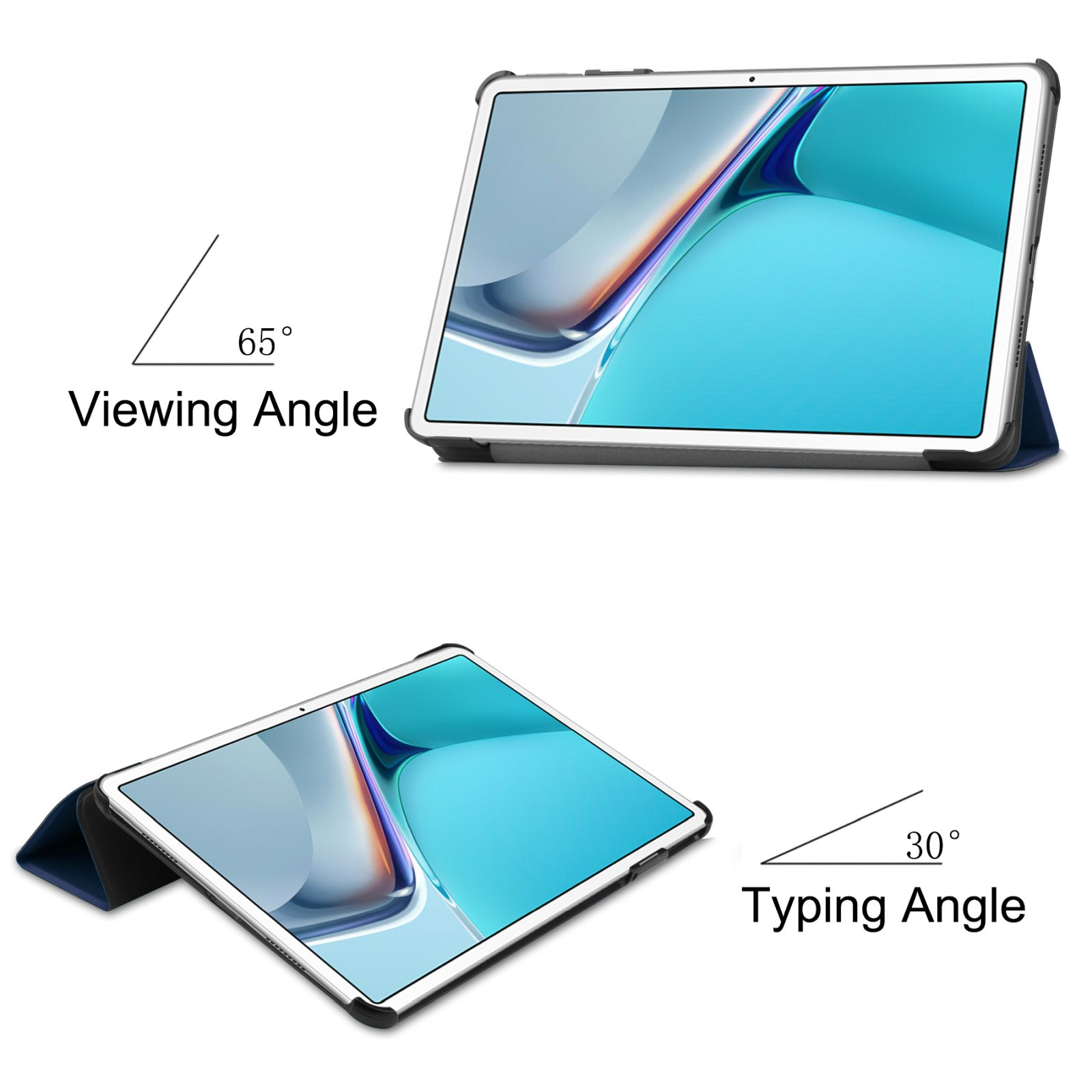 Zwei Bilder eines Tablets, die Betrachtungs- und Tippwinkel mit blauem Bildschirm zeigen.