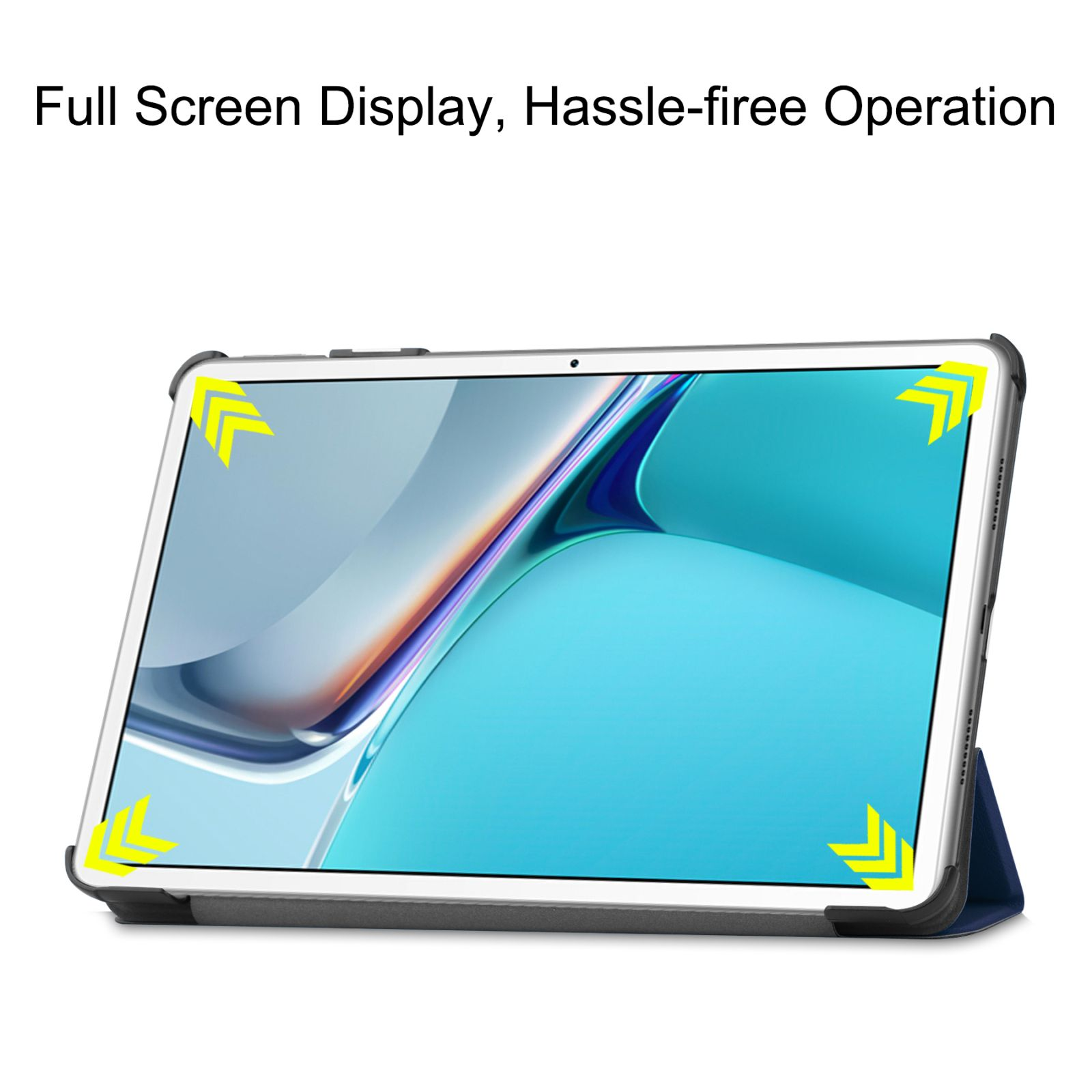 Tablet mit Vollbildanzeige und Schutzhülle, mit gelben Pfeilen an den Ecken.