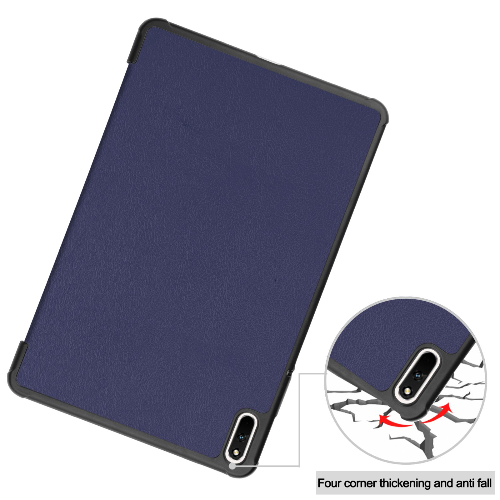 Eine Tablet-Hülle wird gezeigt. Sie ist marineblau und hat einen schwarzen Rand. Die Hülle befindet sich auf weißem Hintergrund.