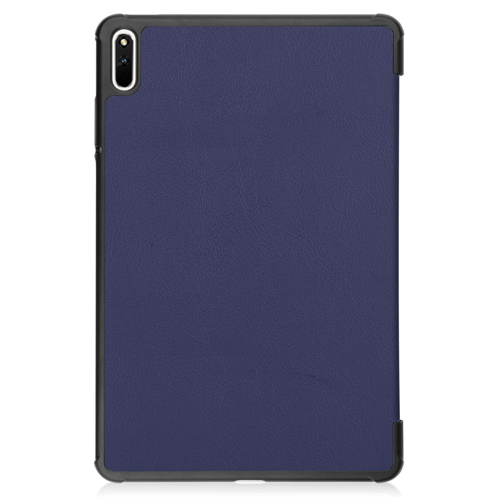 Eine dunkelblaue Tablet-Hülle. Die Rückseite hat den Kameraausschnitt.